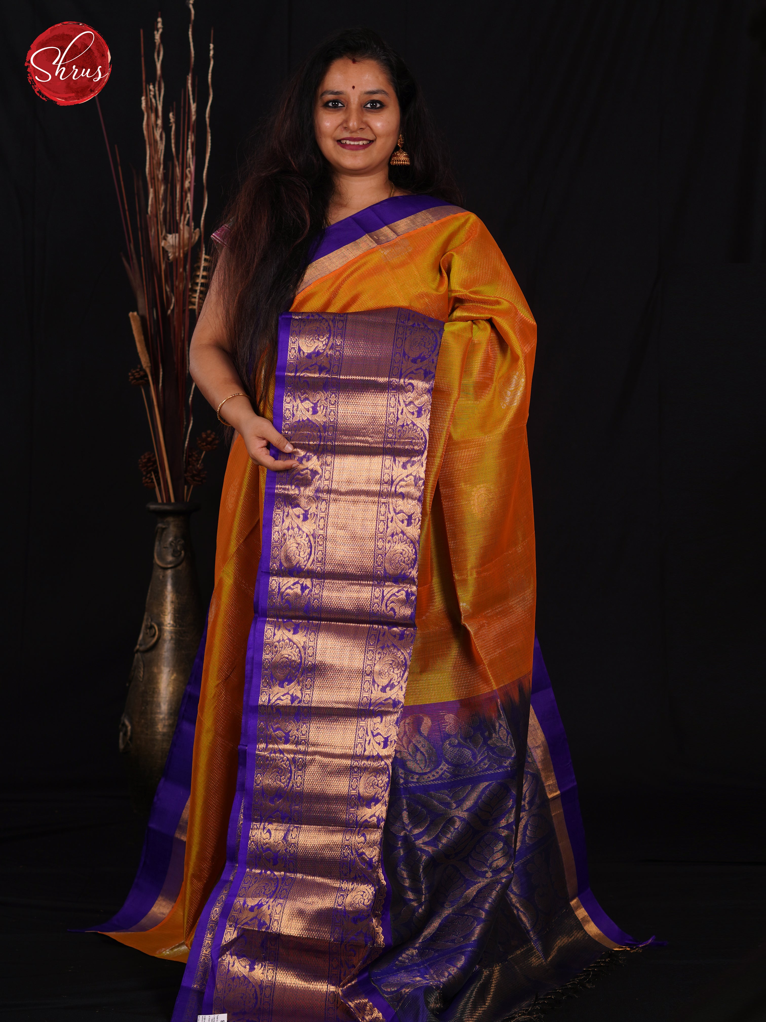 Golden Yellow & Blue - Silk Cotton Saree - Shop on ShrusEternity.com
