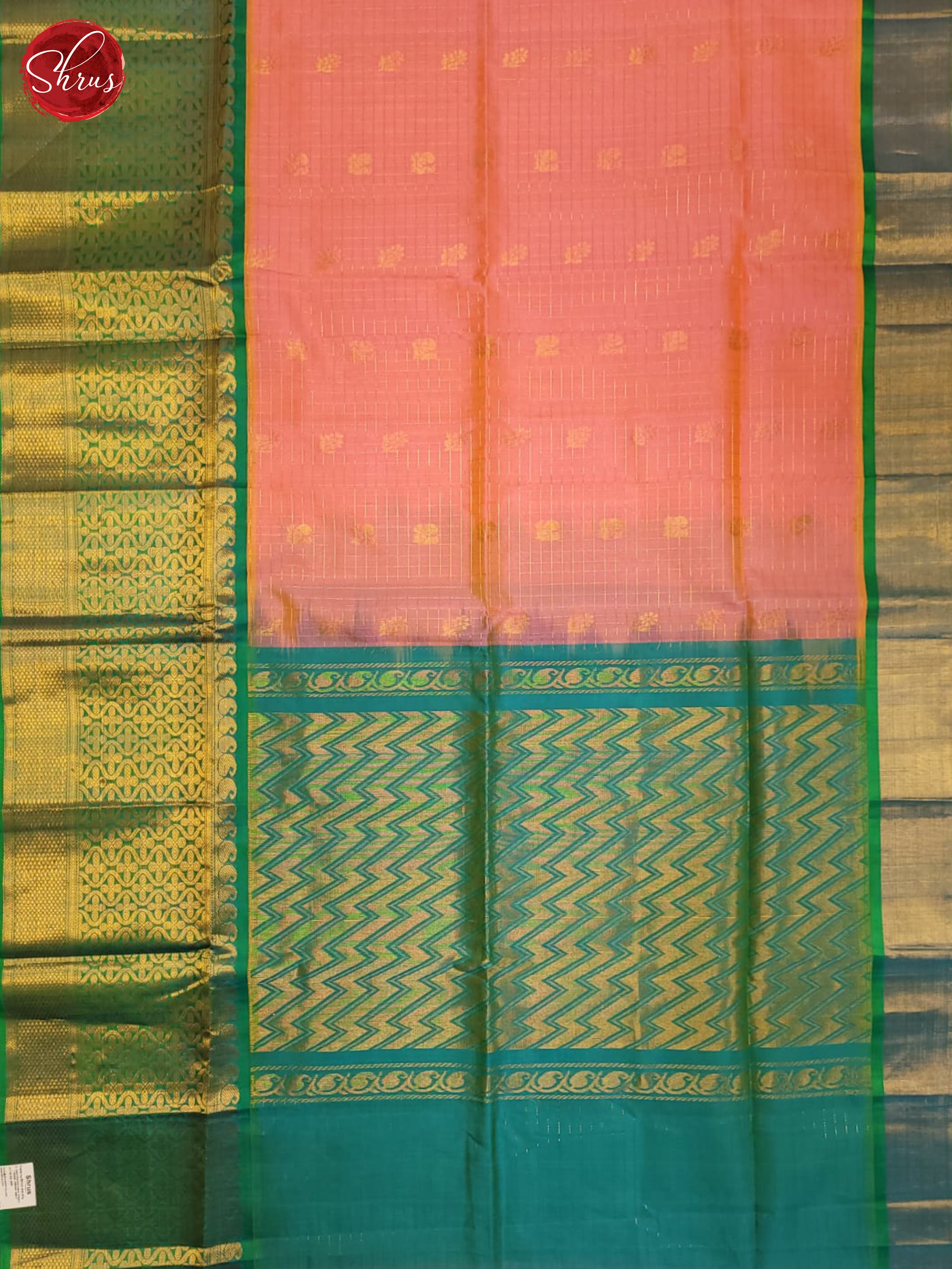 Peachish PInk & Green- Silk Cotton Saree - Shop on ShrusEternity.com