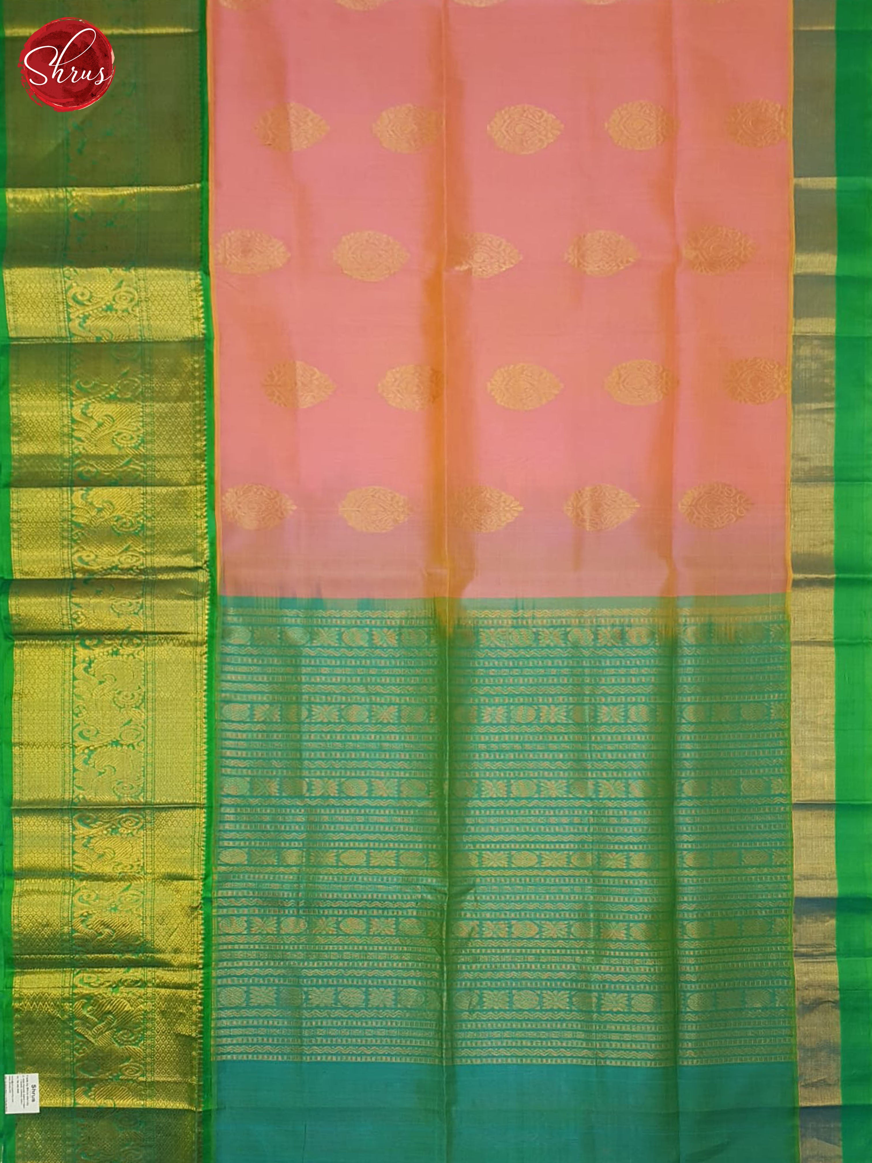 Peachish Pink & Green - Silk Cotton Saree - Shop on ShrusEternity.com