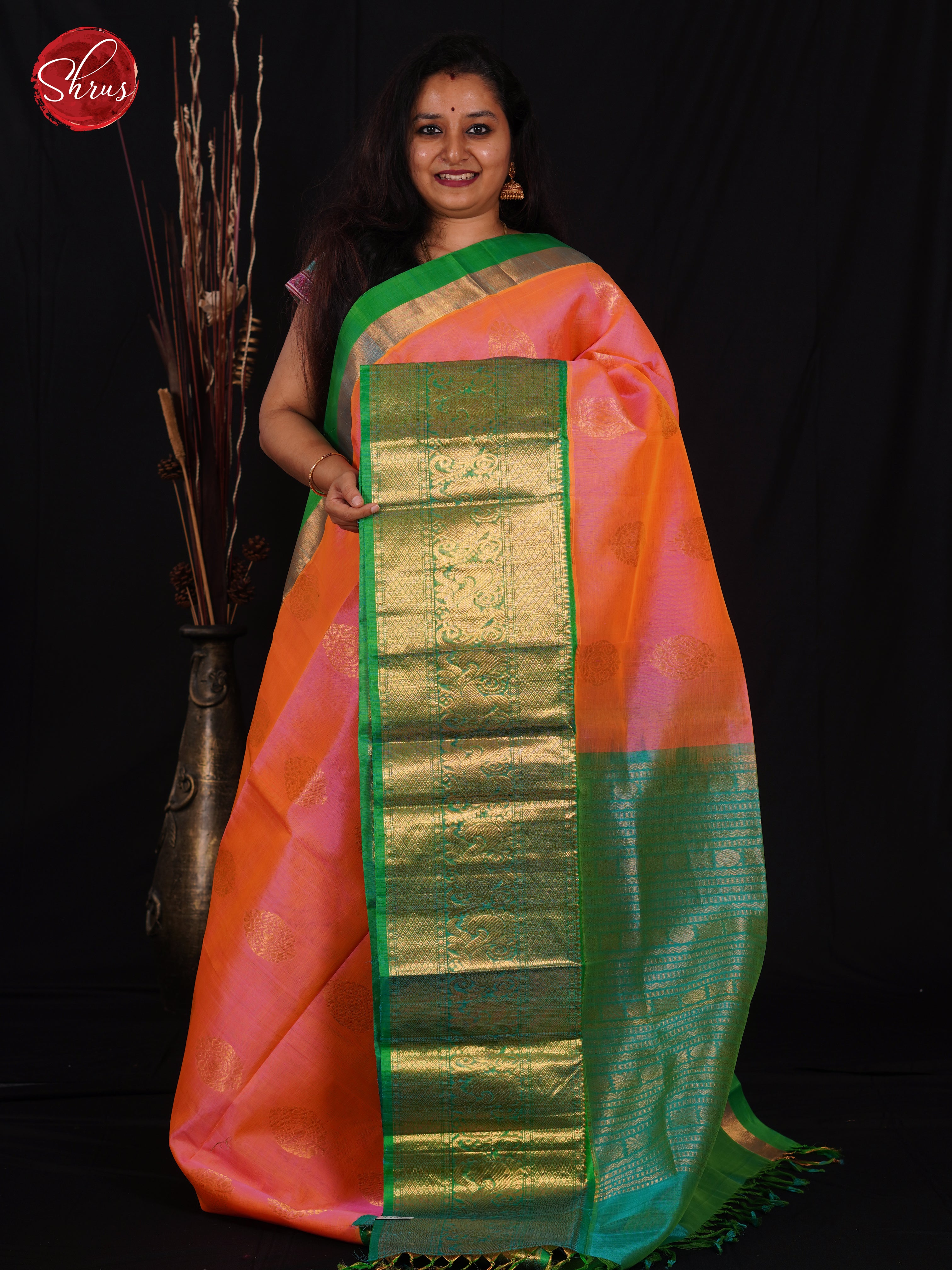 Peachish Pink & Green - Silk Cotton Saree - Shop on ShrusEternity.com