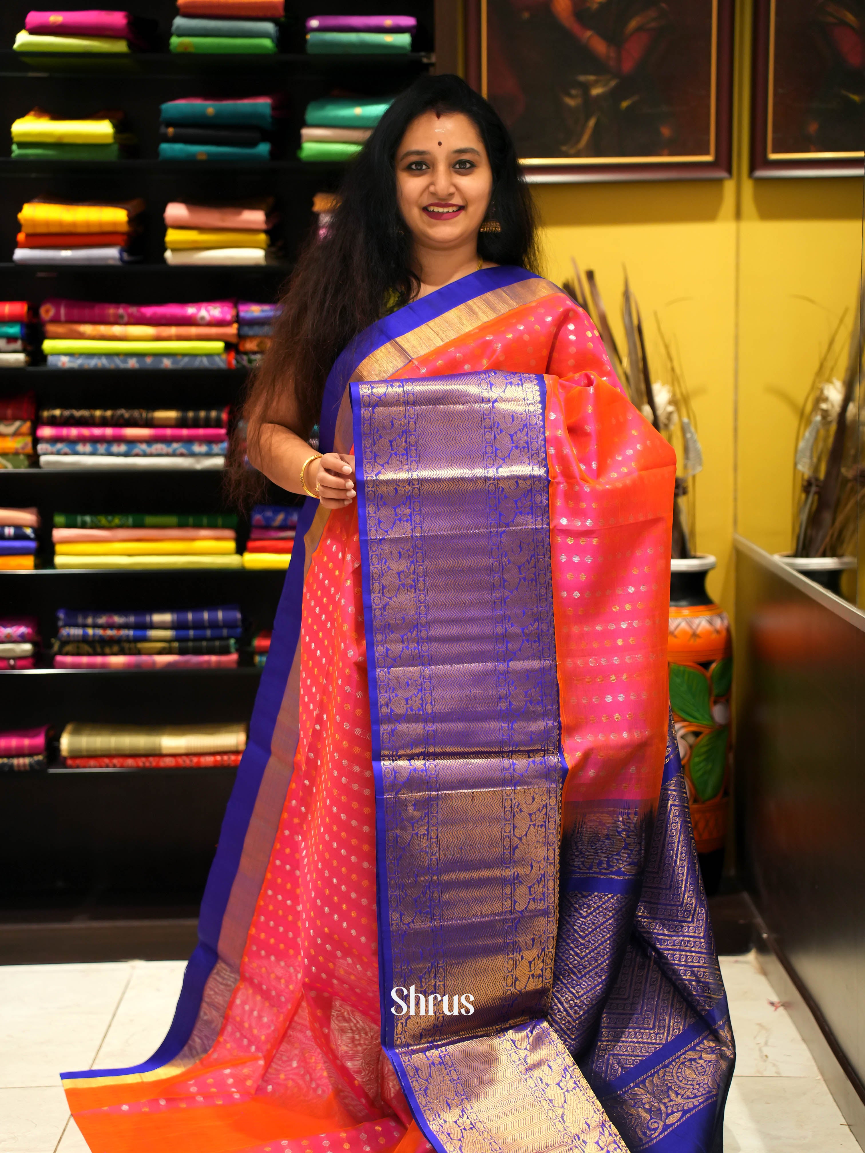 Pink & Blue - Silk Cotton Saree - Shop on ShrusEternity.com