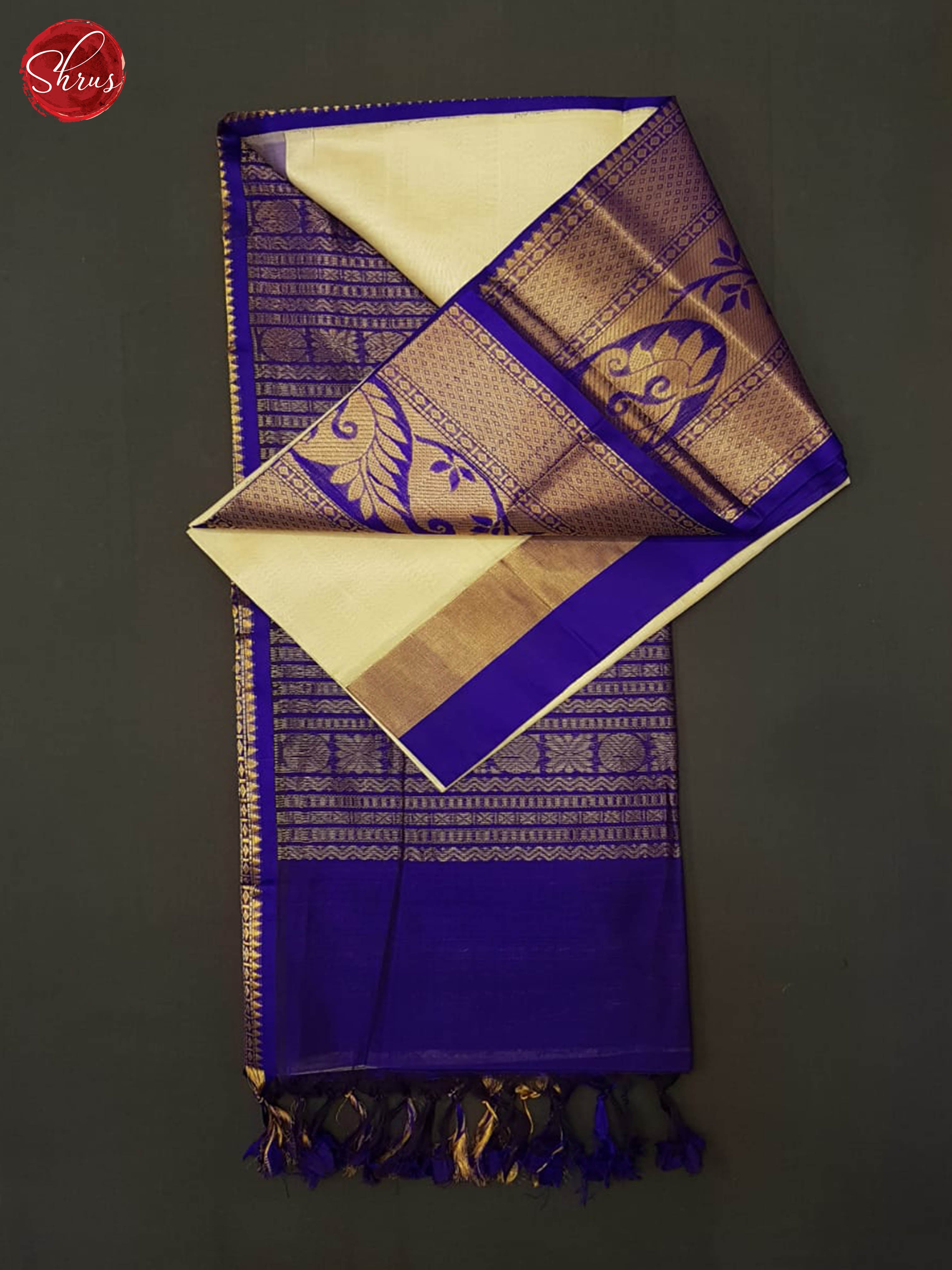 Cream And Blue-Silk Cotton Saree - Shop on ShrusEternity.com