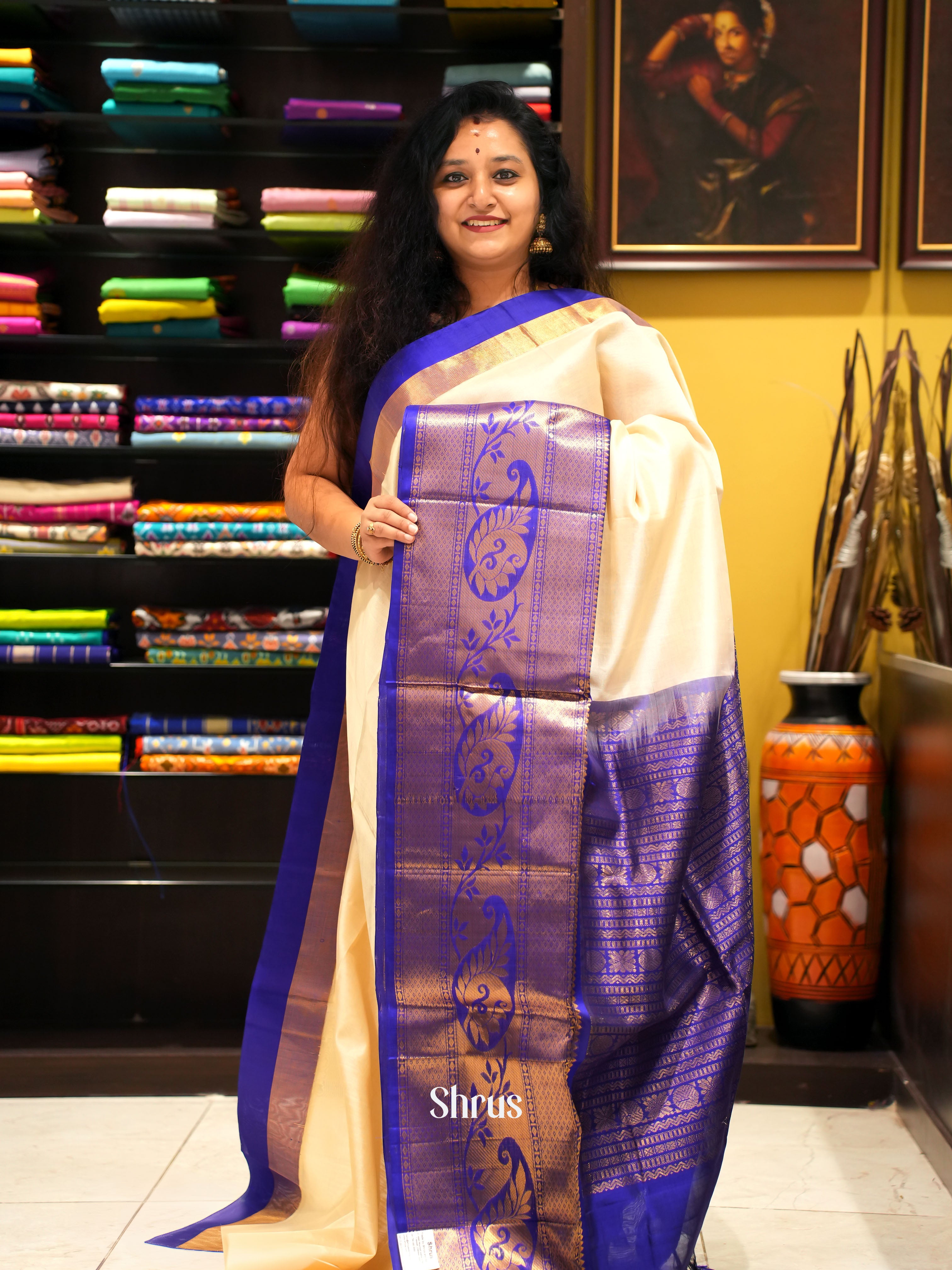 Cream And Blue-Silk Cotton Saree - Shop on ShrusEternity.com