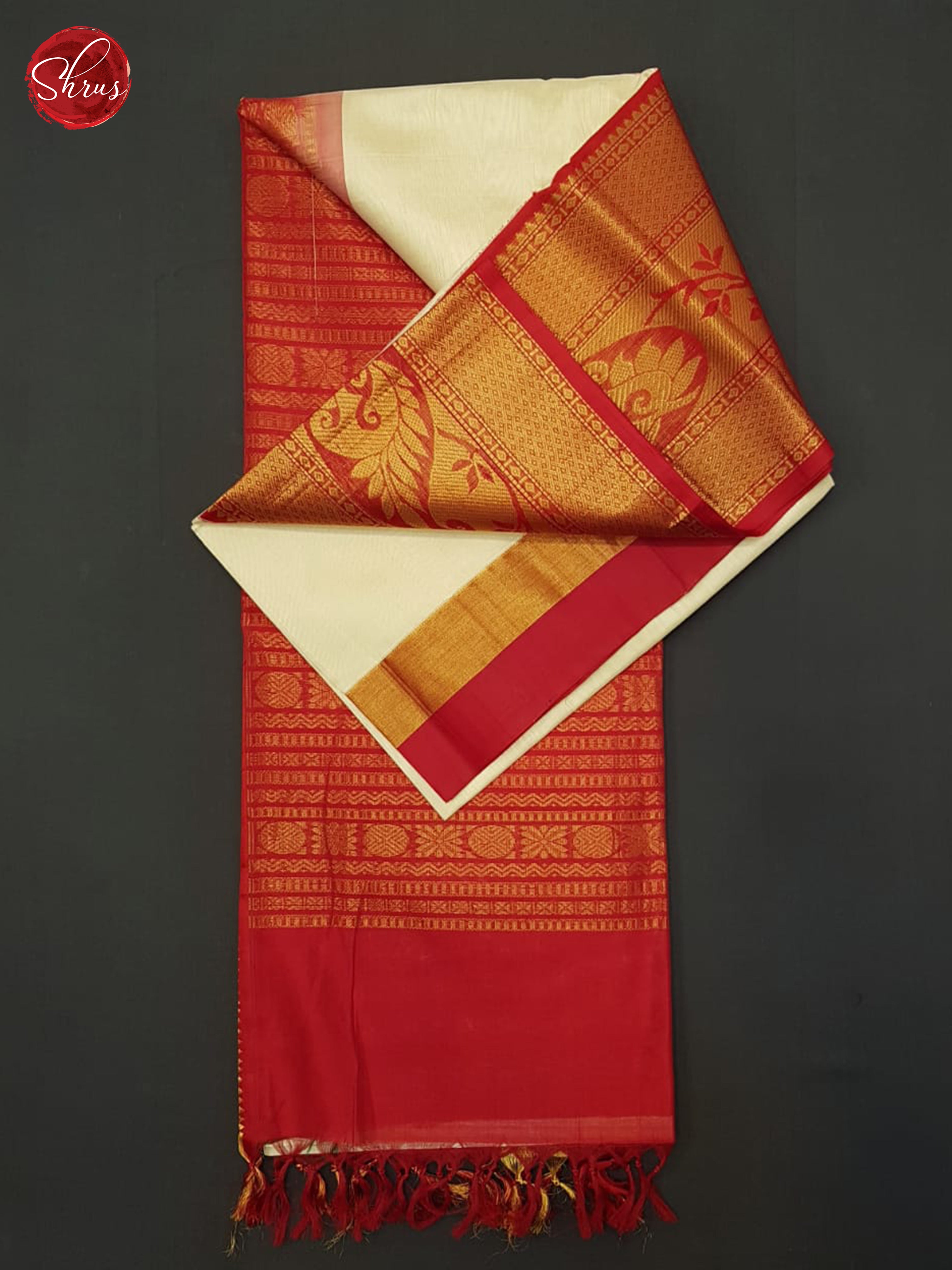 Cream And Red- Silk Cotton Saree - Shop on ShrusEternity.com