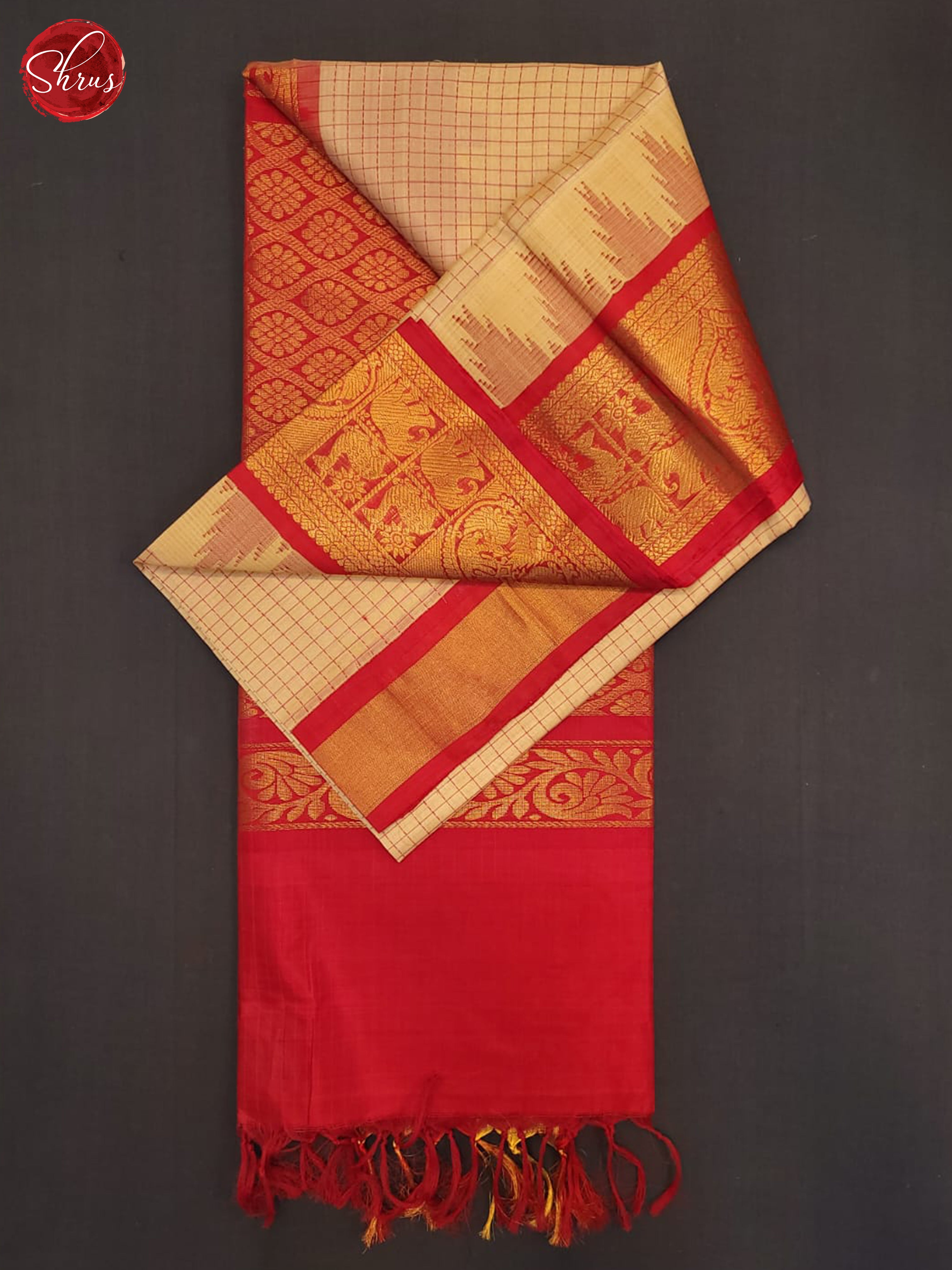 Beige & Red - Silk Cotton Saree - Shop on ShrusEternity.com