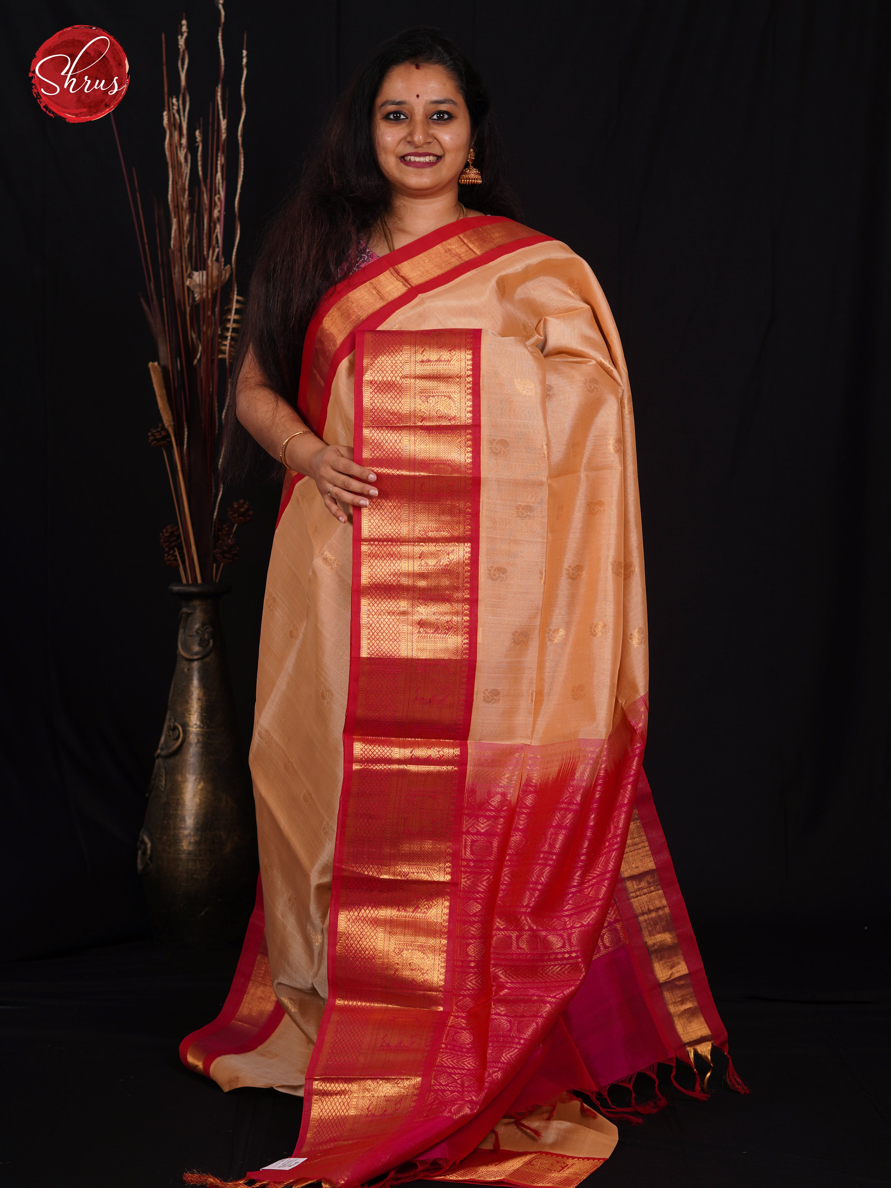 Beige & Pink - Silk Cotton Saree - Shop on ShrusEternity.com