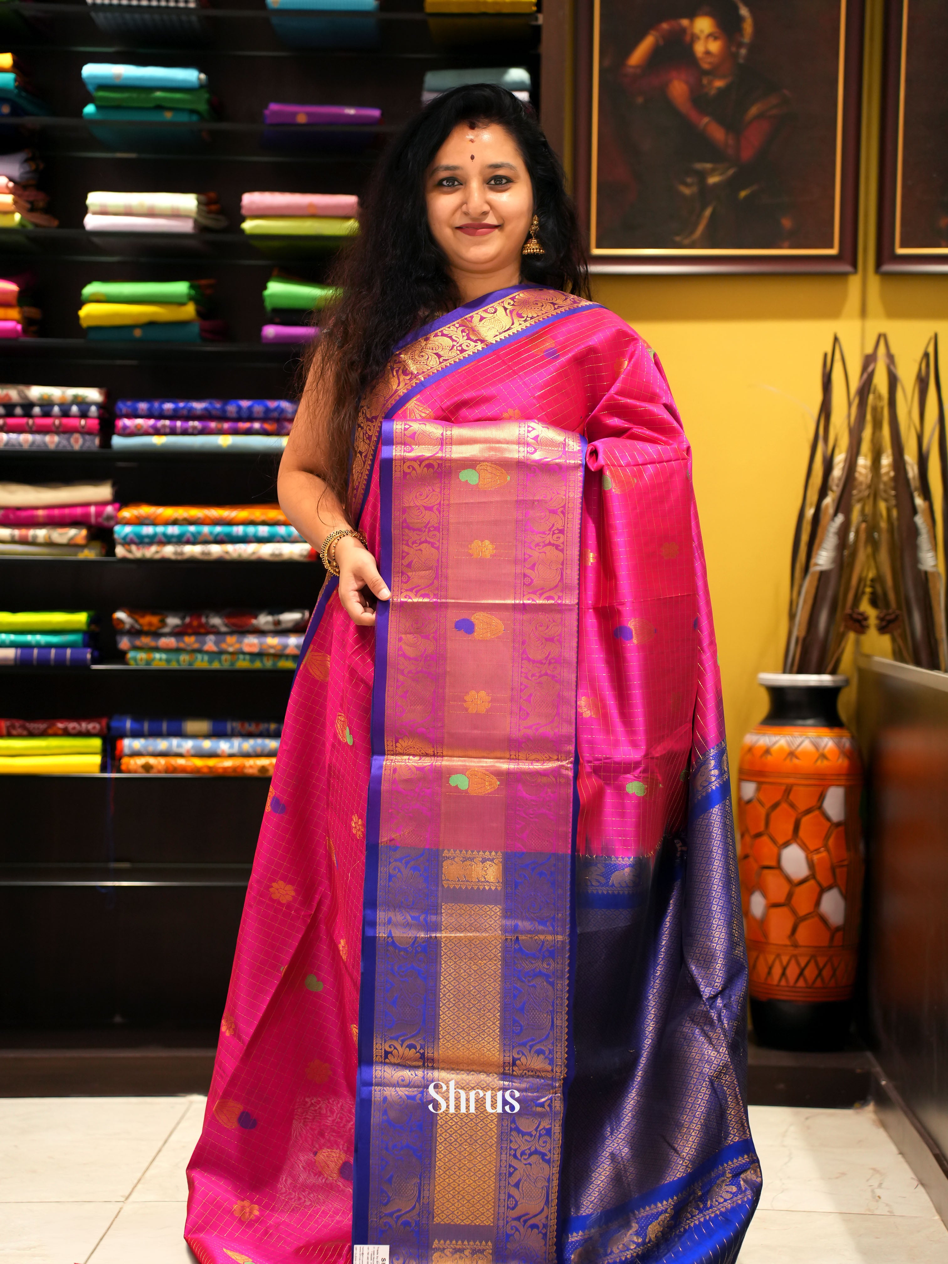 Pink & Blue - Silk Cotton Saree - Shop on ShrusEternity.com
