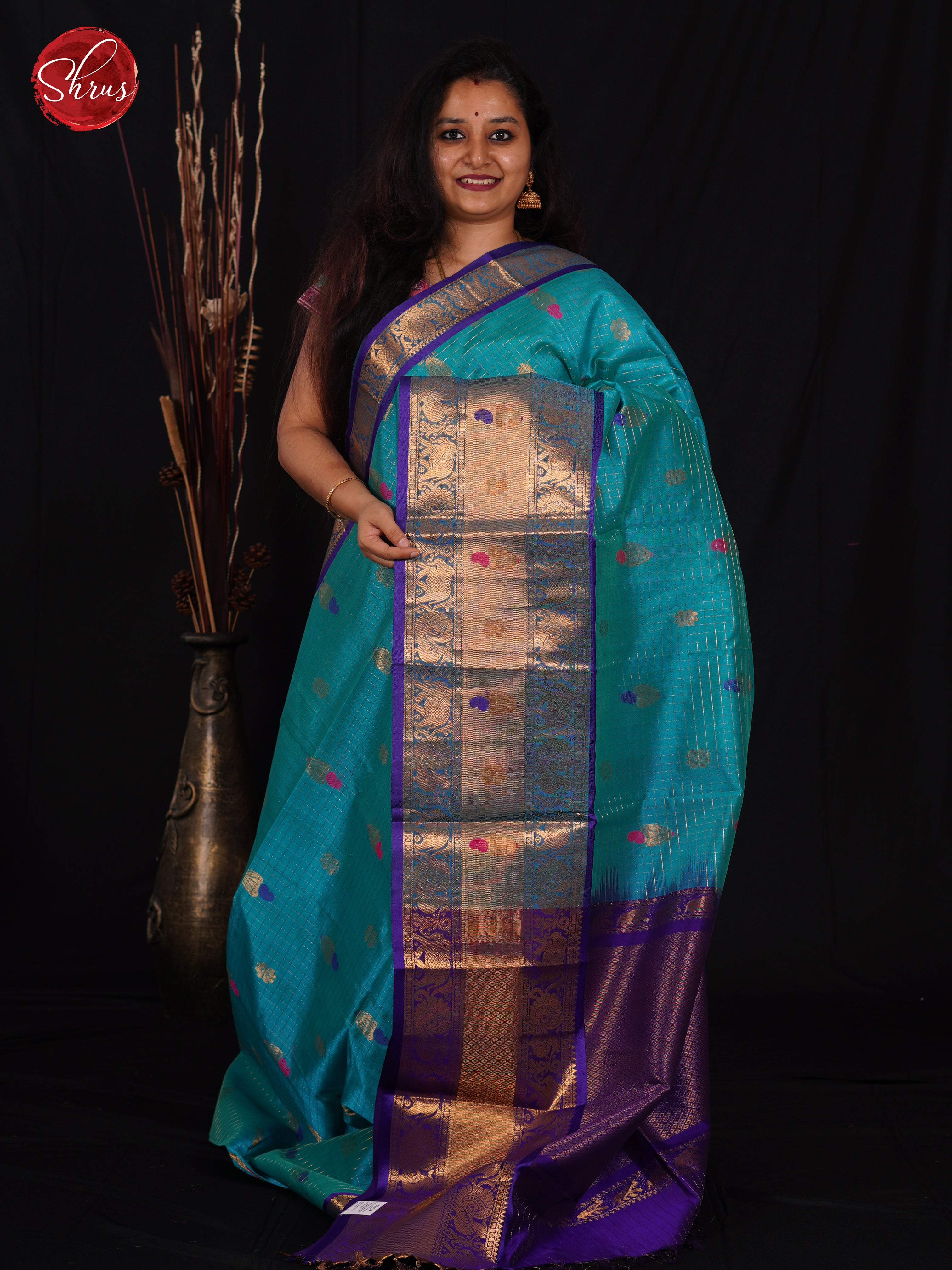 Sky Blue & Blue - Silk Cotton Saree - Shop on ShrusEternity.com