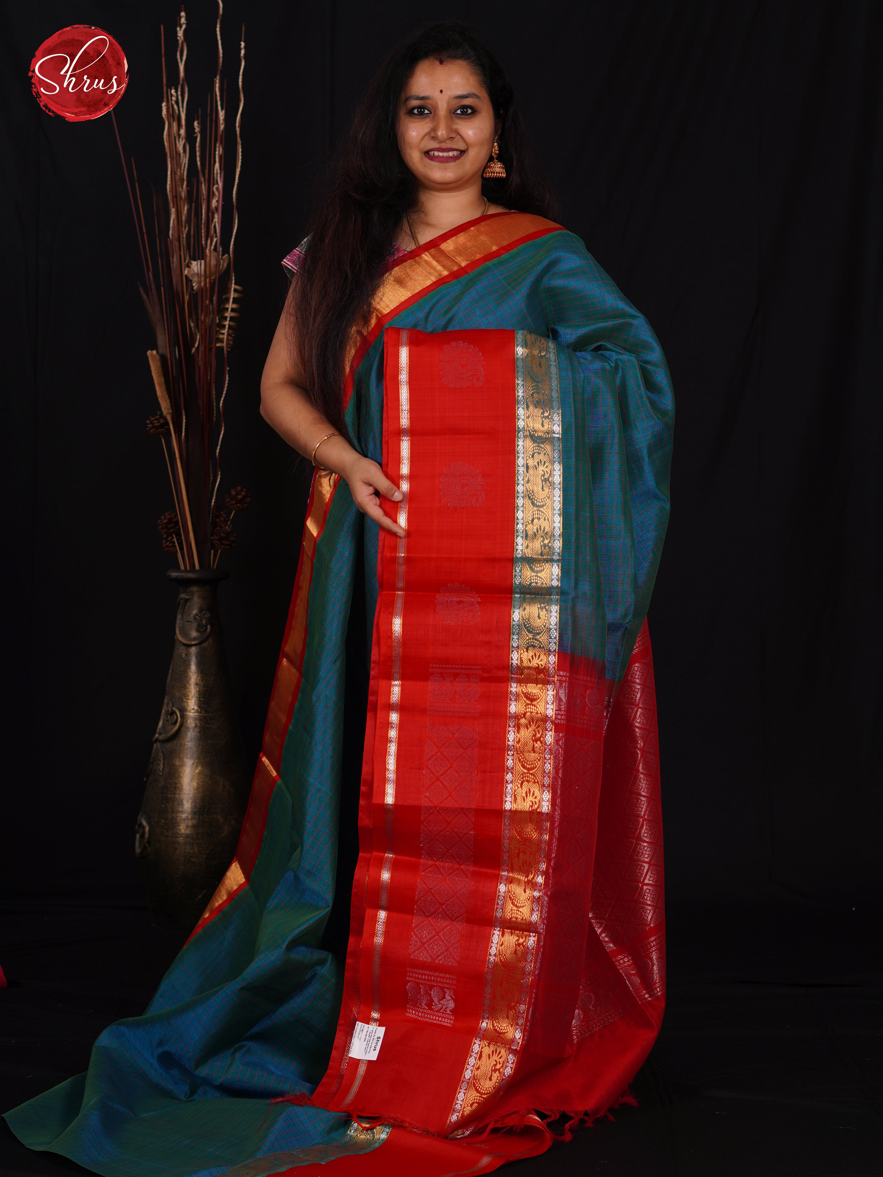 Blue & Red - Silk Cotton Saree - Shop on ShrusEternity.com