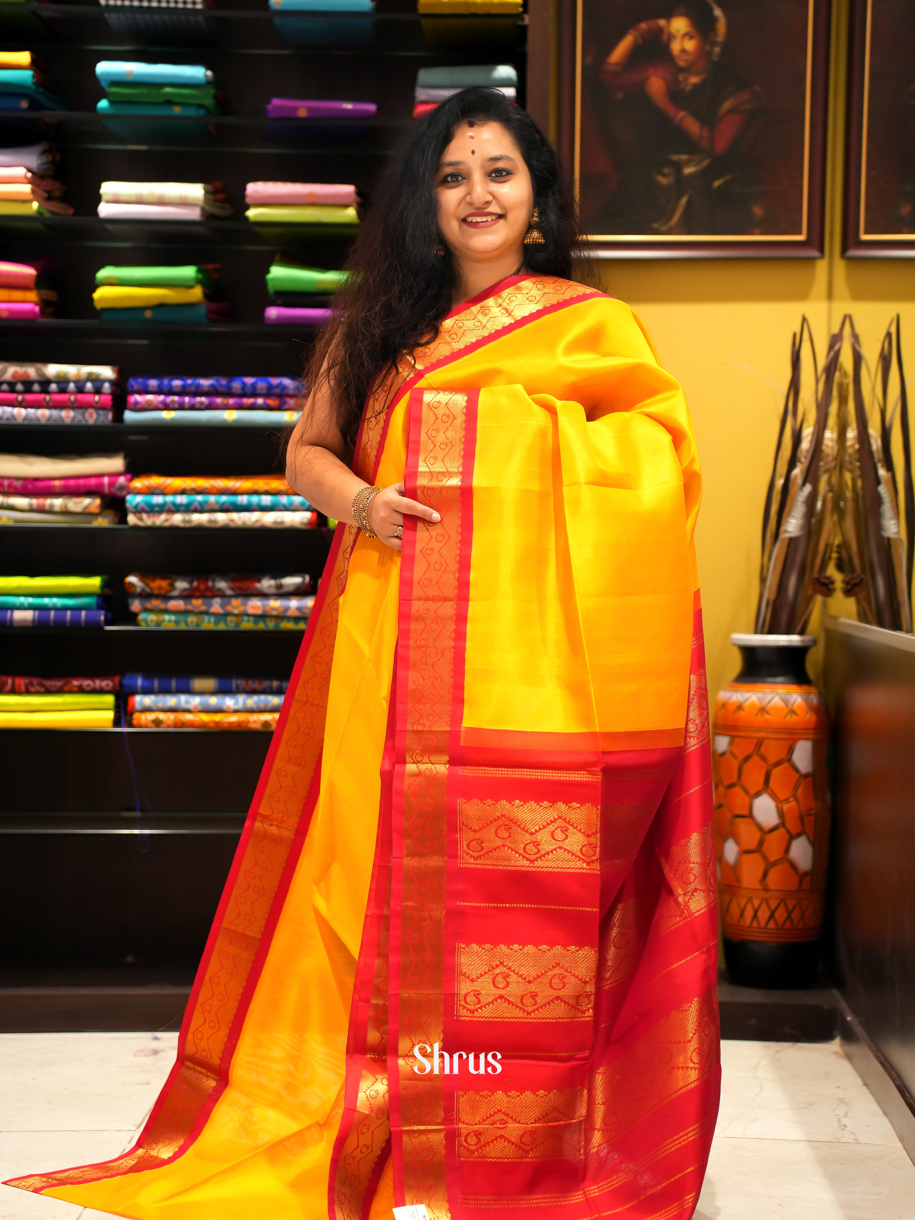 Yellow & Red- Silk Cotton Saree - Shop on ShrusEternity.com