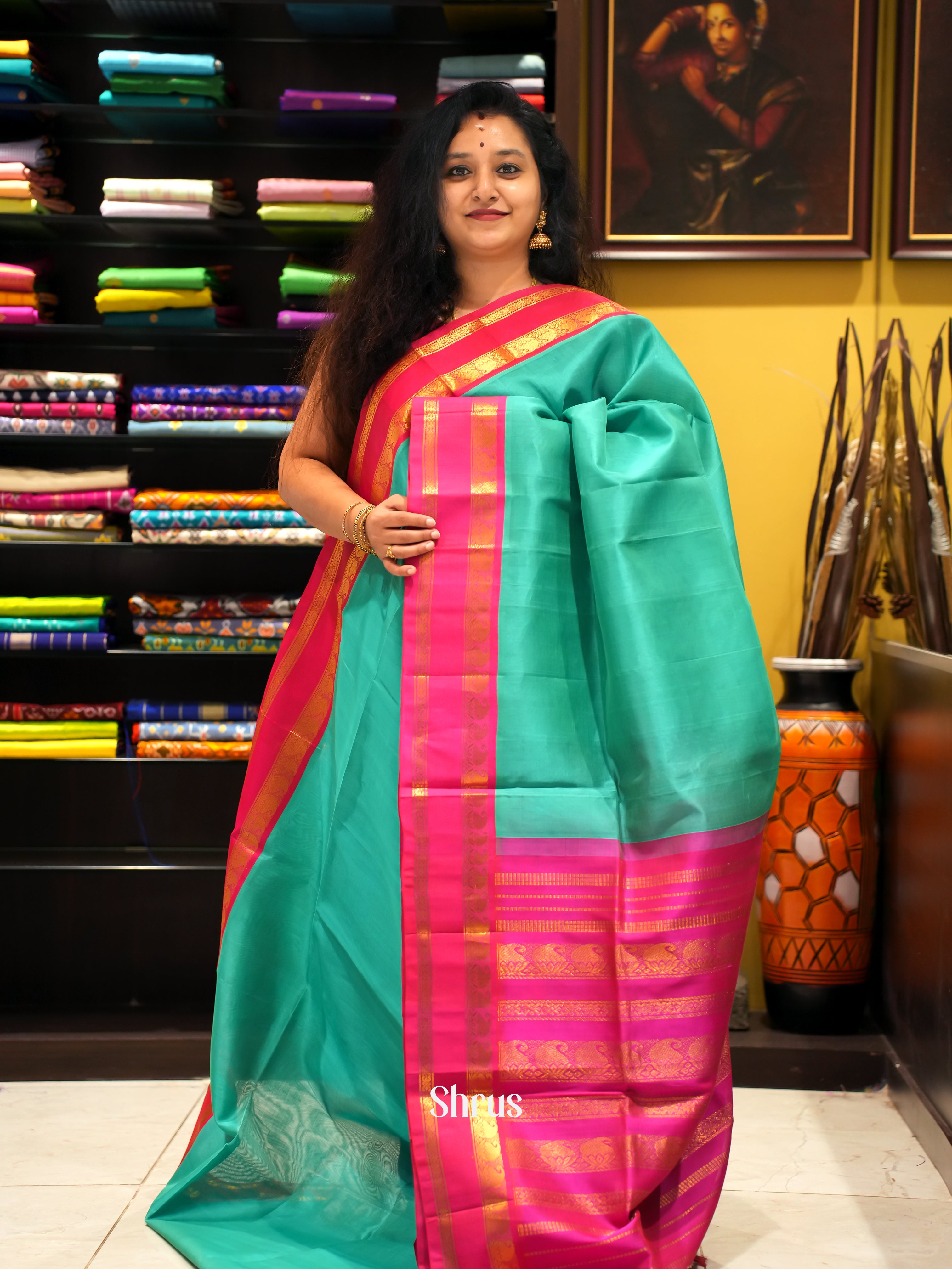Green And Pink- Silk Cotton Saree - Shop on ShrusEternity.com