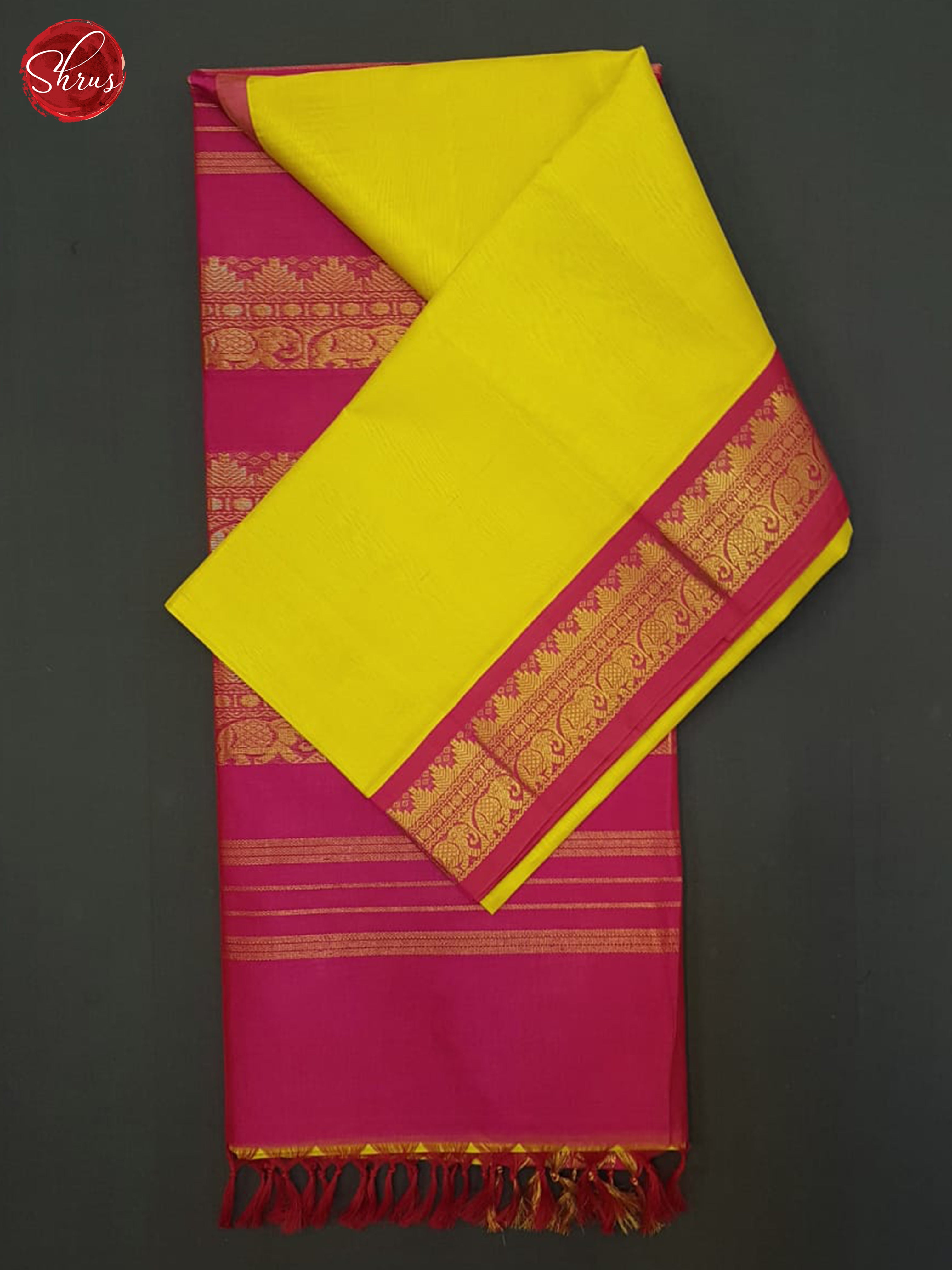 Lime Yellow & Pink -Silk Cotton Saree - Shop on ShrusEternity.com