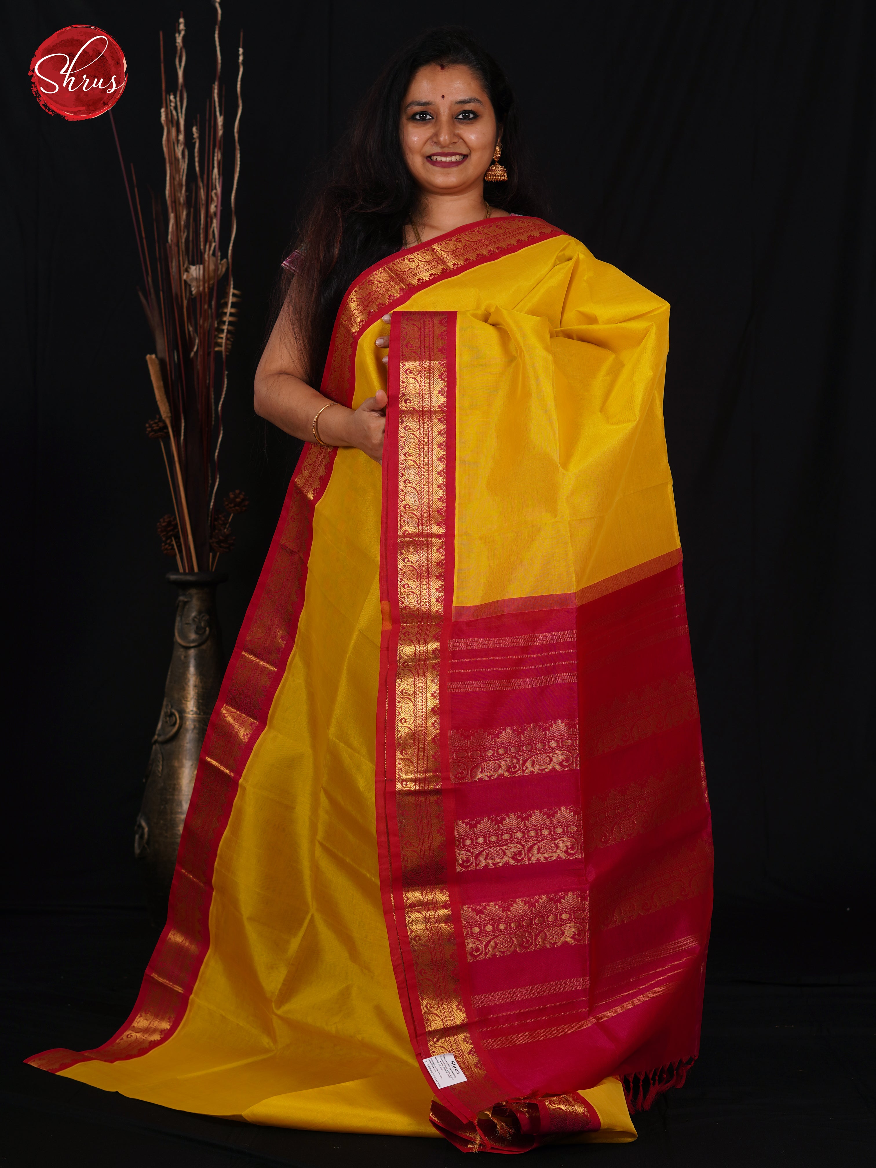 Lime Yellow & Pink -Silk Cotton Saree - Shop on ShrusEternity.com