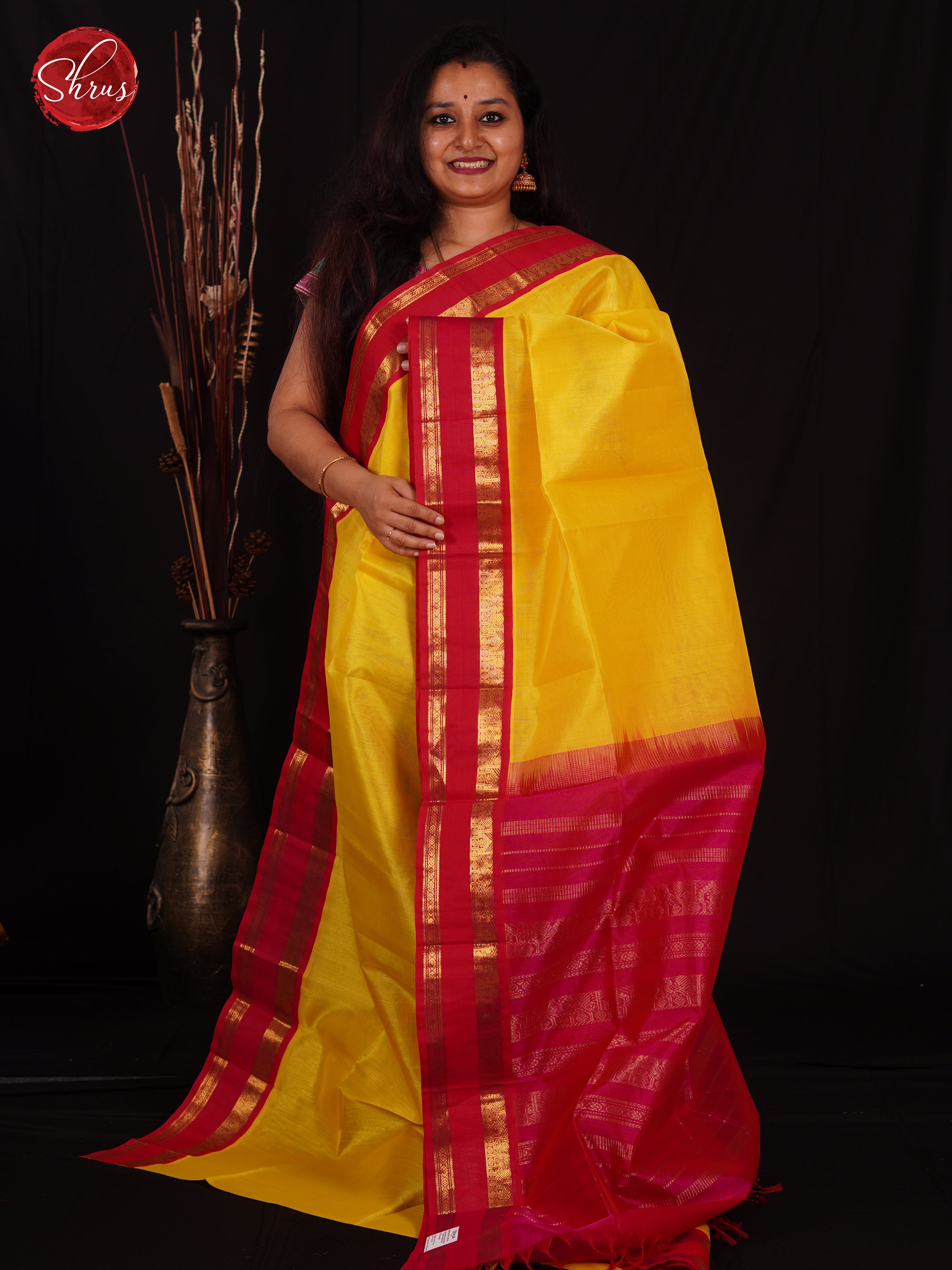 Lime Yellow & Pink - Silk Cotton Saree - Shop on ShrusEternity.com