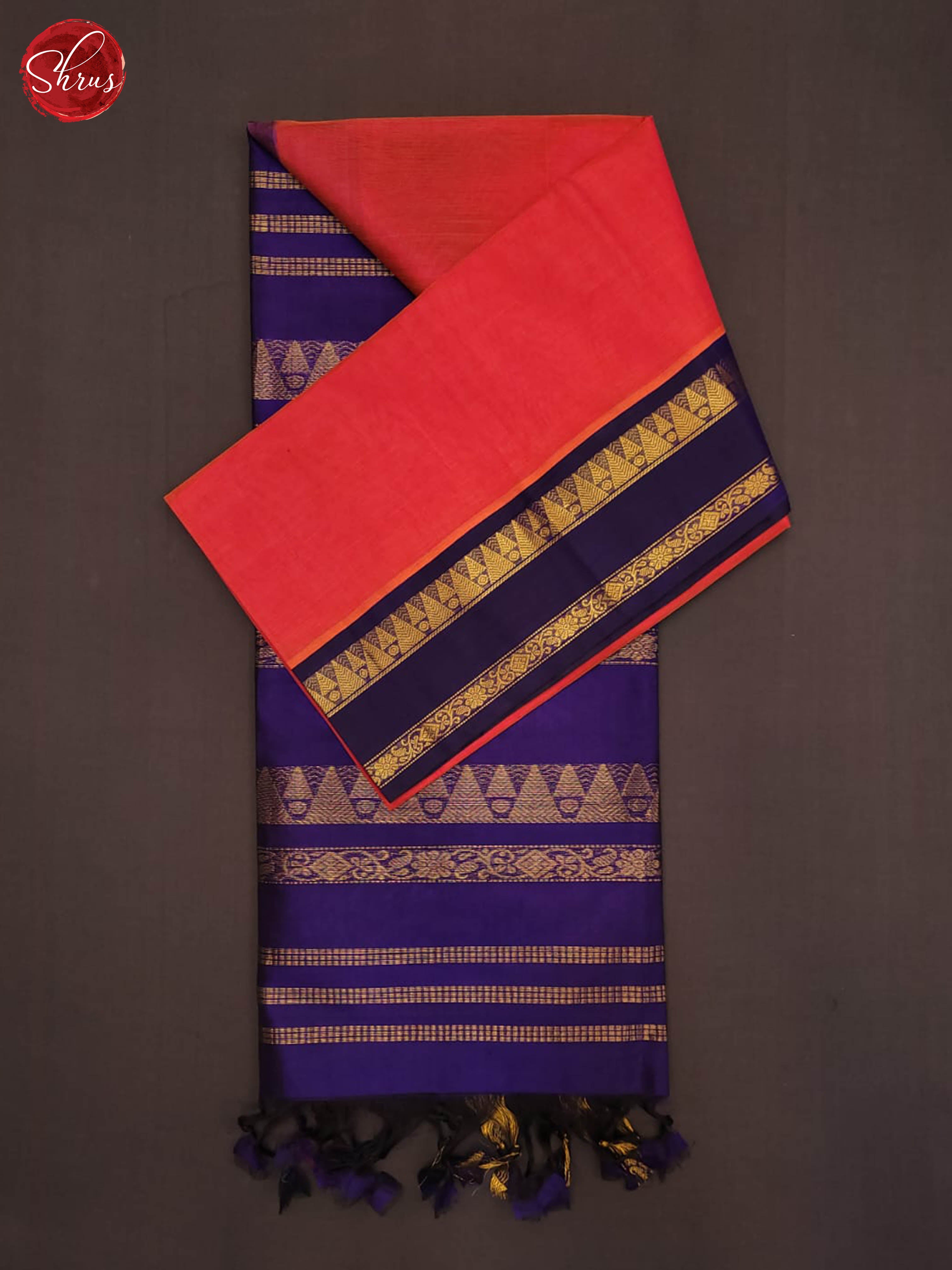 Peachish pink and Navy blue - Silk Cotton Saree - Shop on ShrusEternity.com