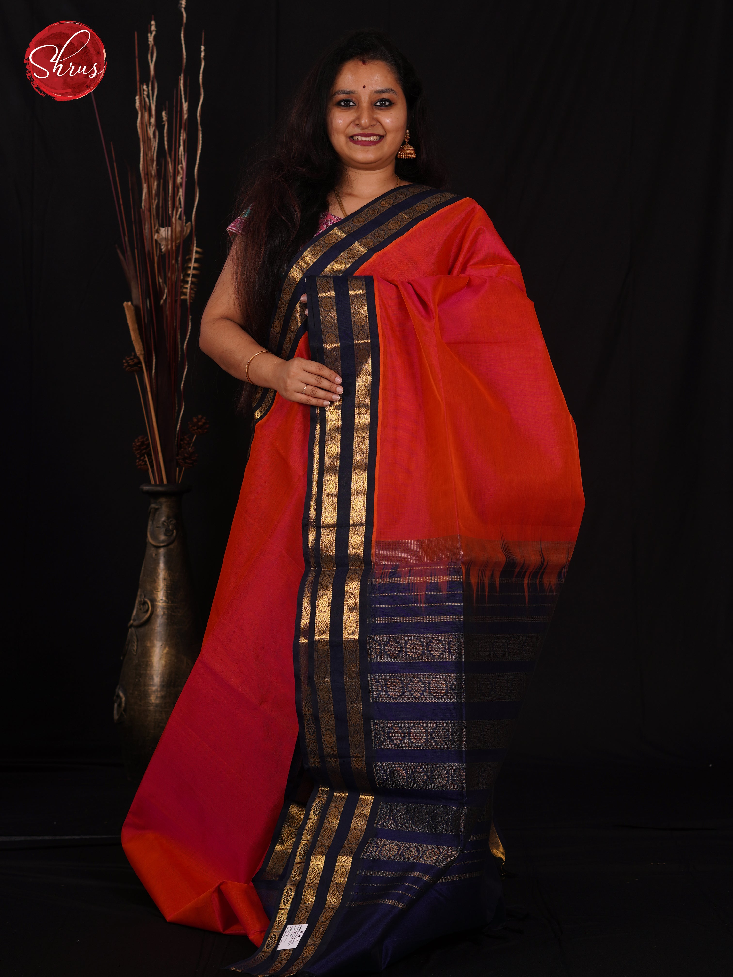 Reddish Pink & Blue - Silk Cotton Saree - Shop on ShrusEternity.com