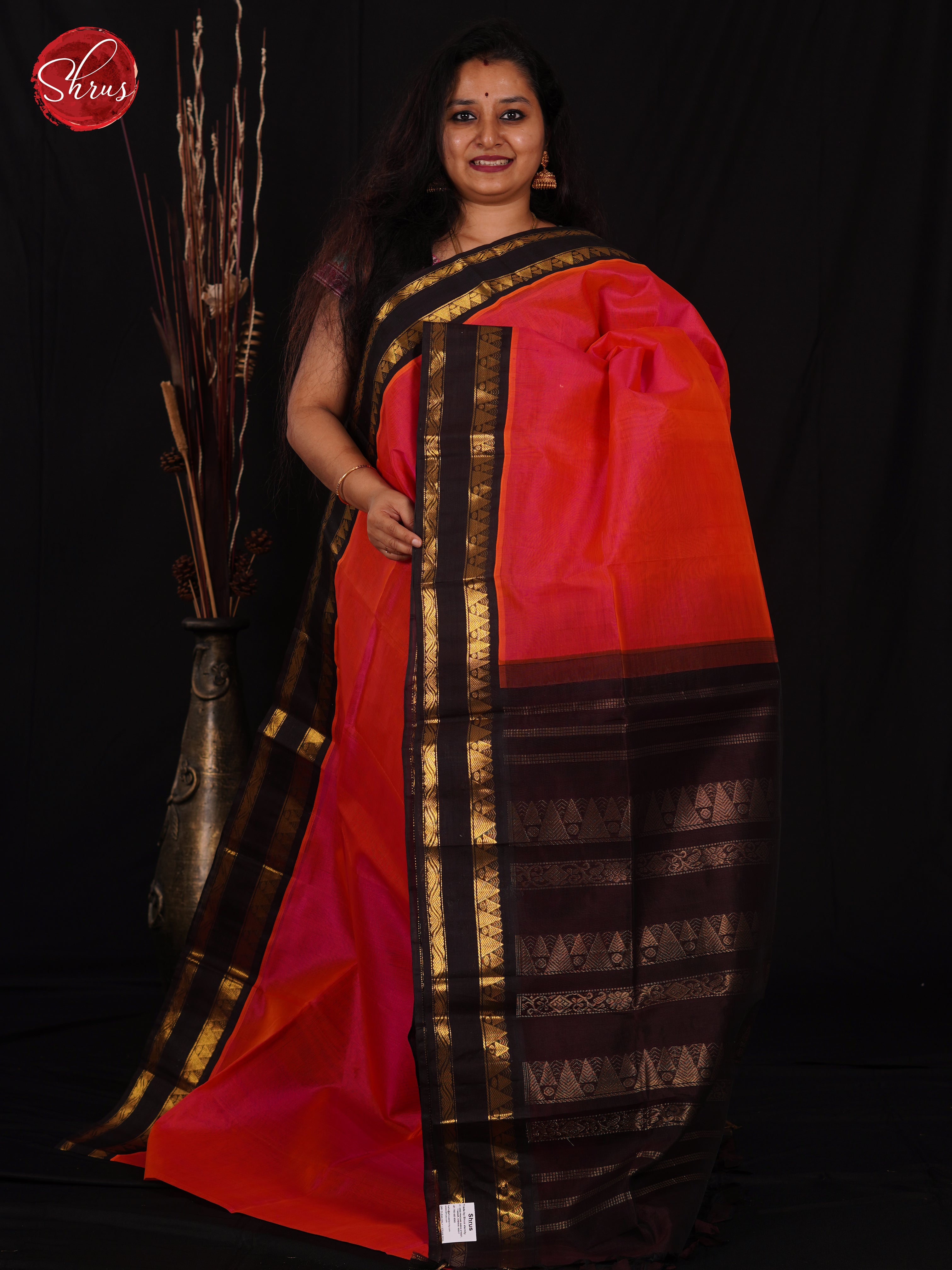 Pink & Brown- Silk Cotton Saree - Shop on ShrusEternity.com