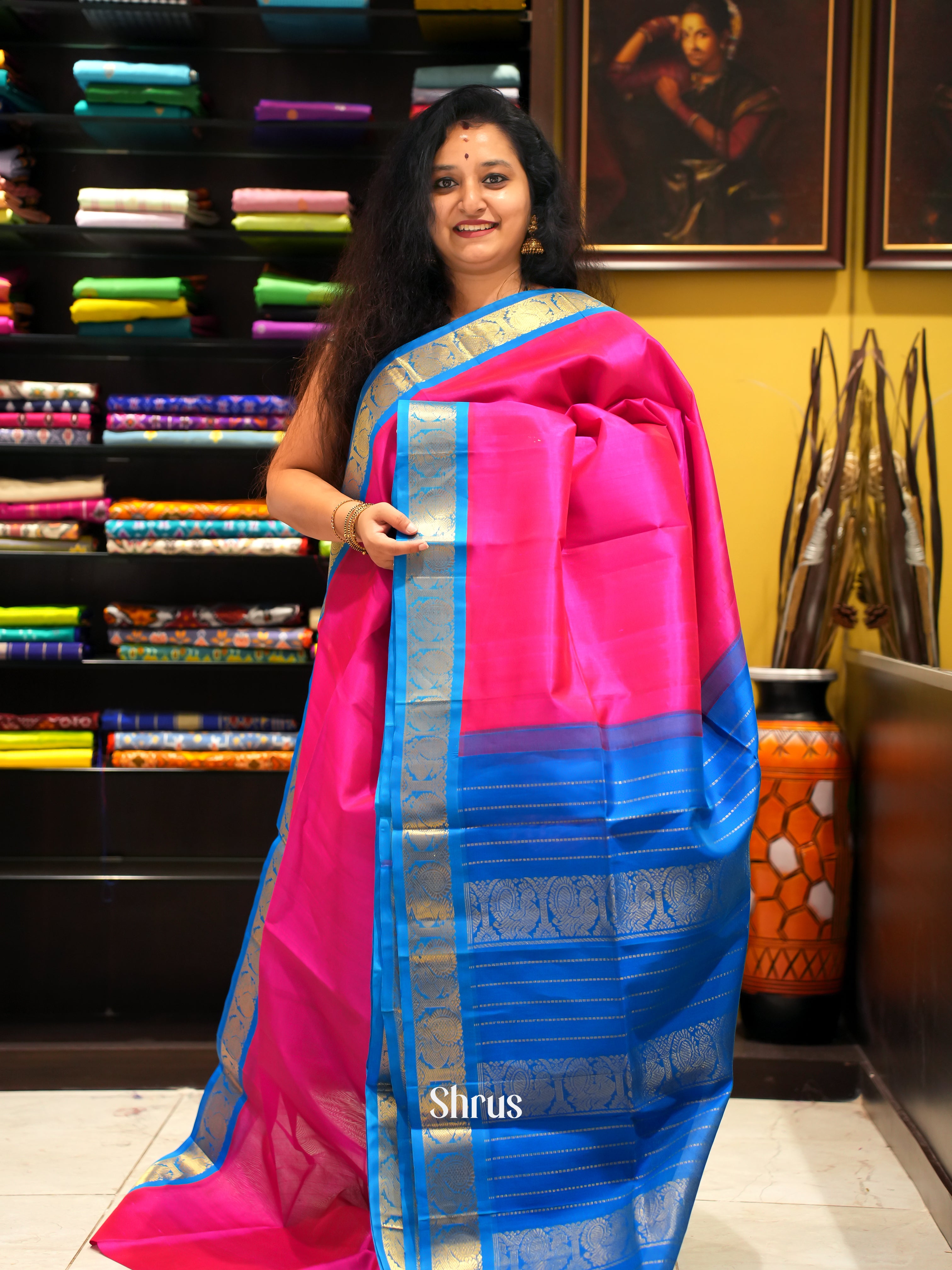 pink and Blue-Silk cotton saree - Shop on ShrusEternity.com