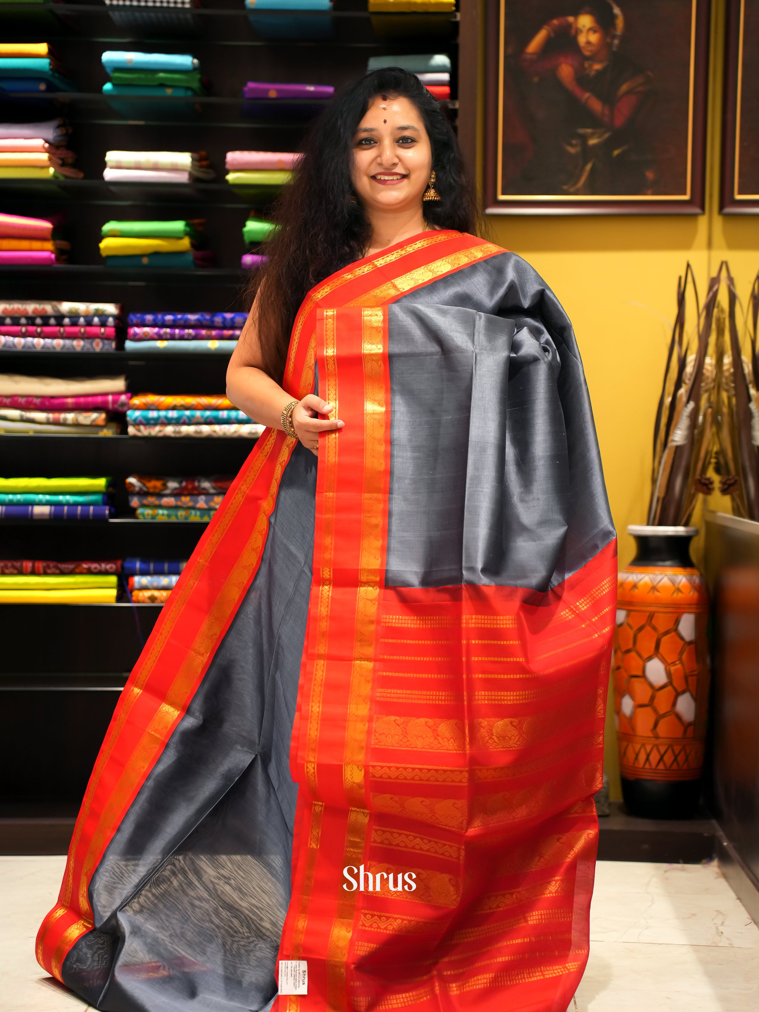 Grey & Red- Silk Cotton Saree - Shop on ShrusEternity.com