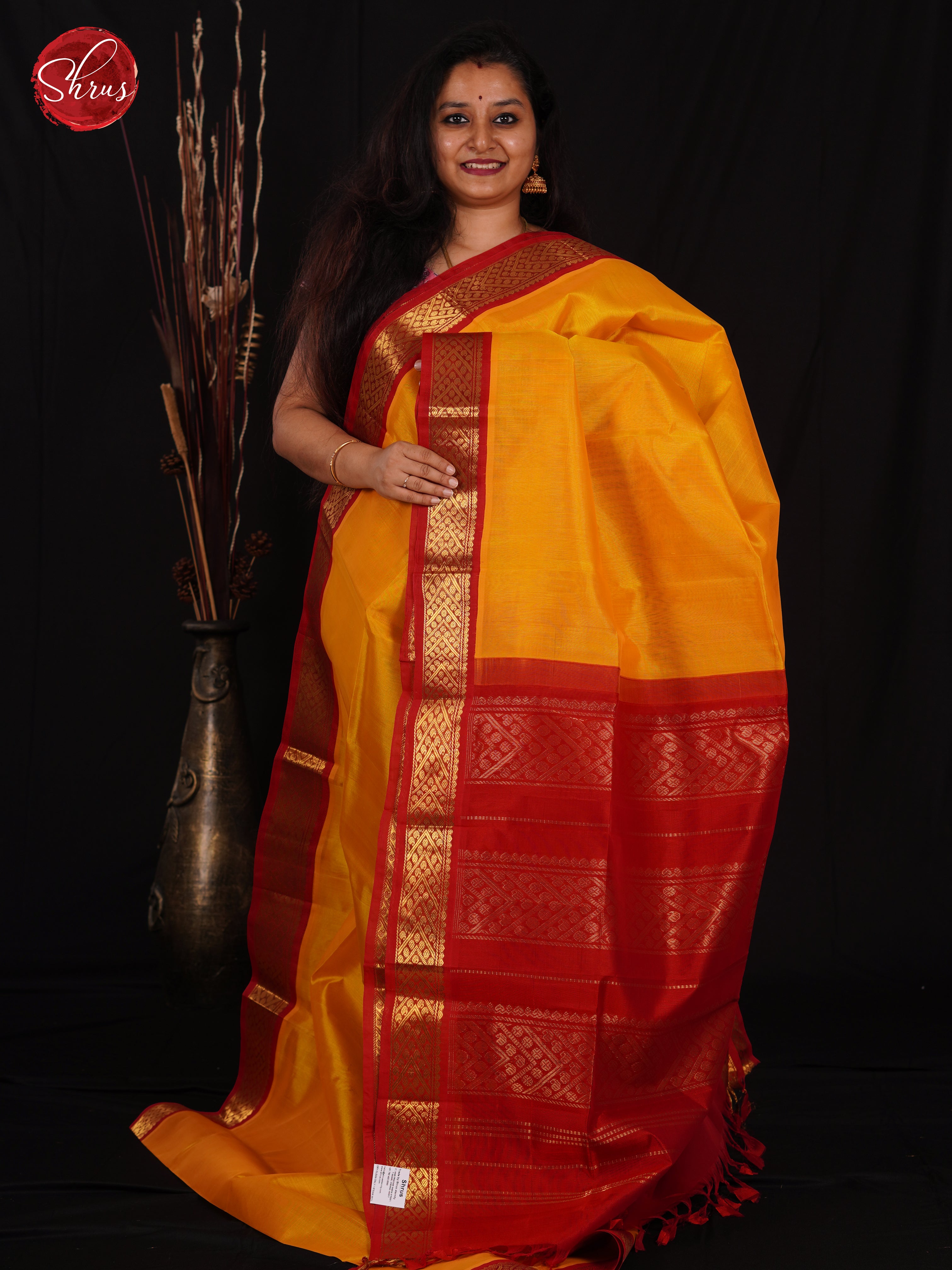 Yellow & Red - Silk Cotton Saree - Shop on ShrusEternity.com