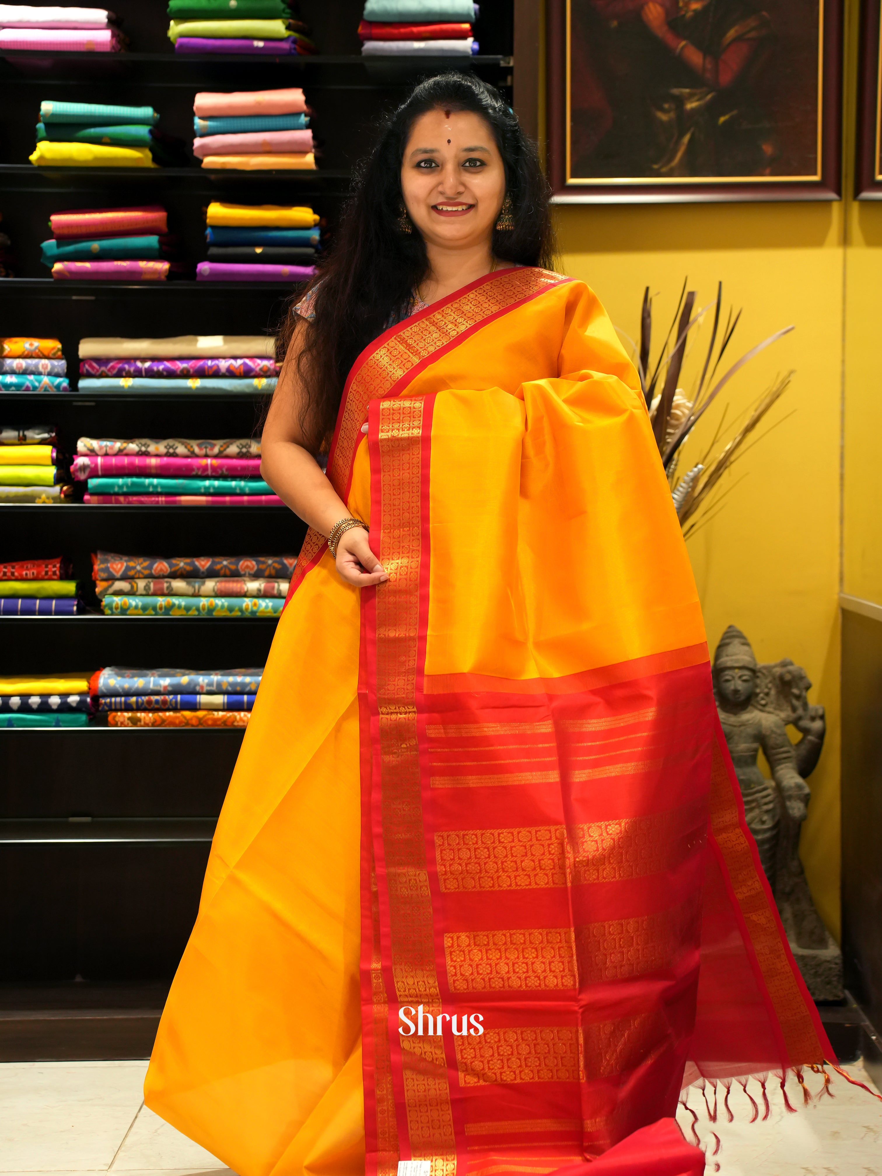 Yellow & Red - Silk Cotton Saree - Shop on ShrusEternity.com