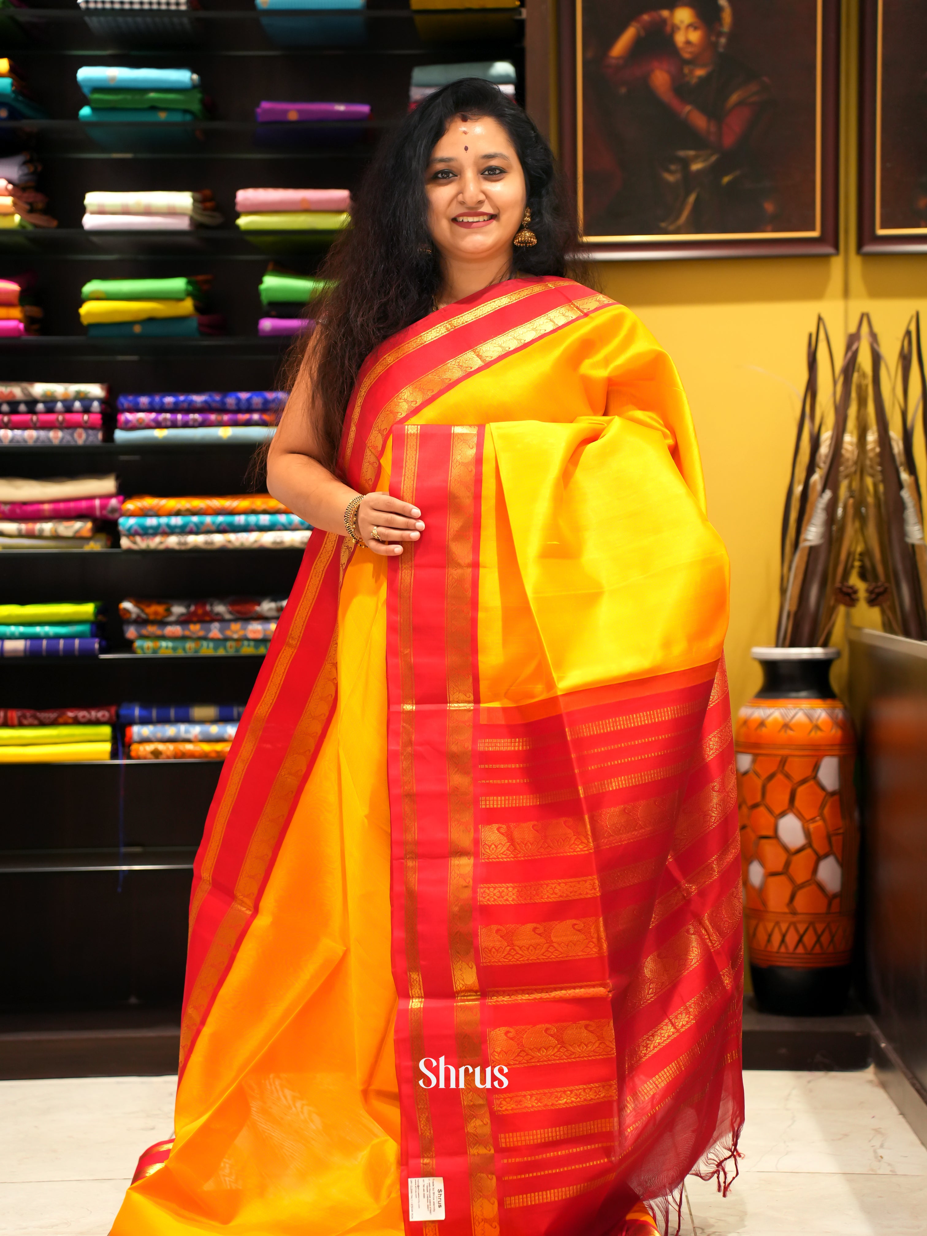 Yellow & Red - Silk Cotton Saree - Shop on ShrusEternity.com