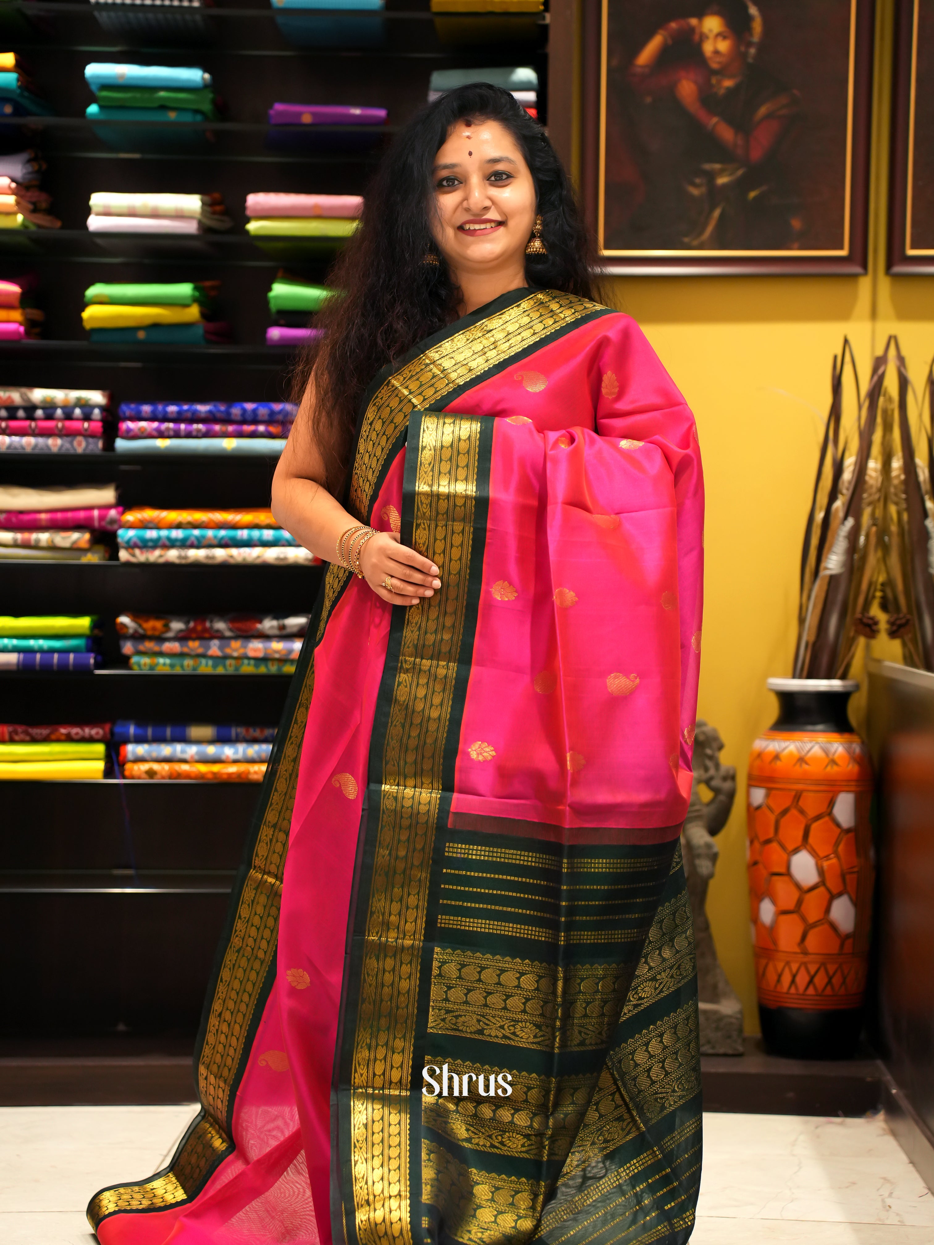 Pink & Green- Silk Cotton Saree - Shop on ShrusEternity.com