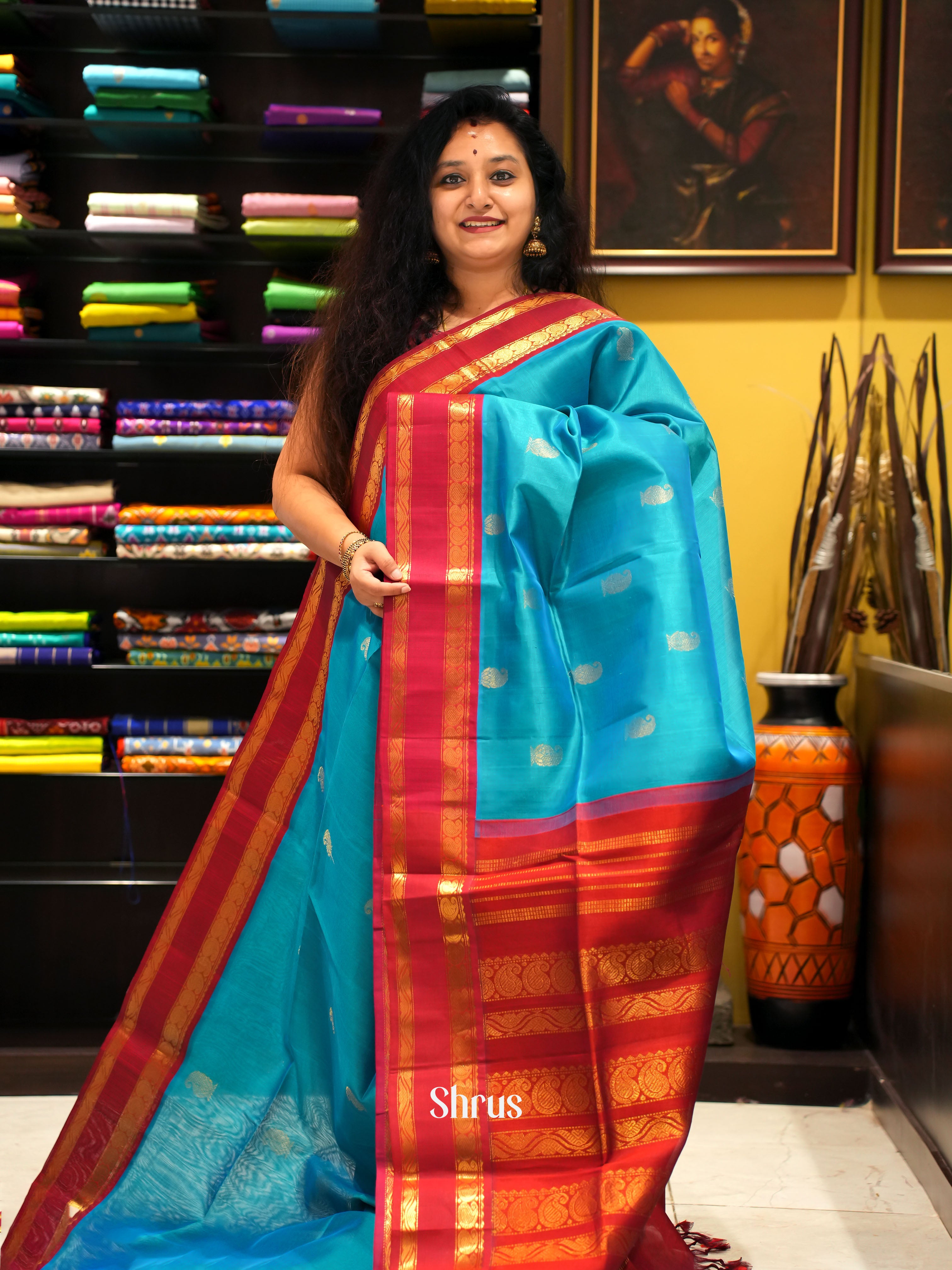 Blue & Maroon - Silk Cotton Saree - Shop on ShrusEternity.com