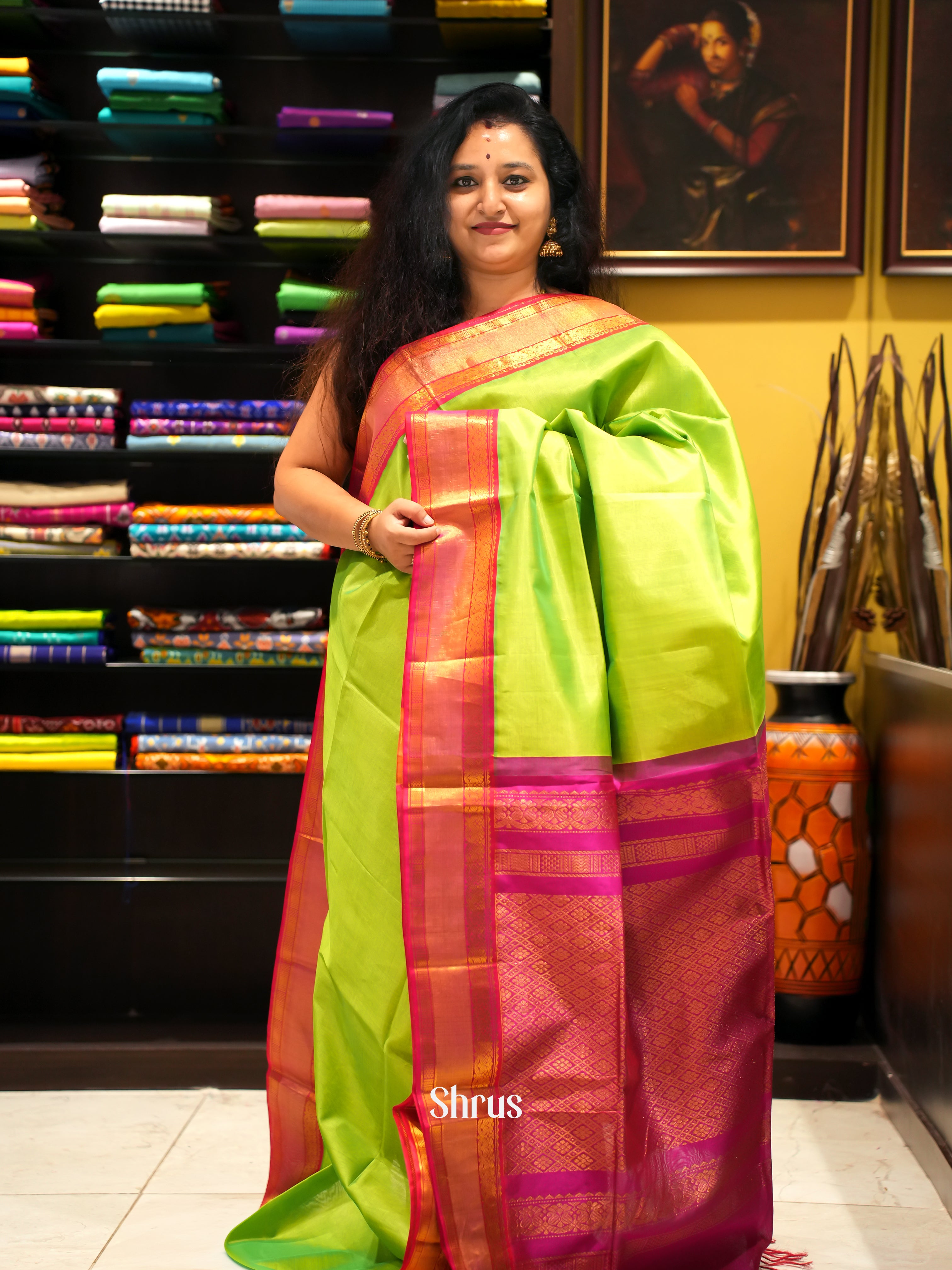 Green And Pink-Silk Cotton Saree - Shop on ShrusEternity.com