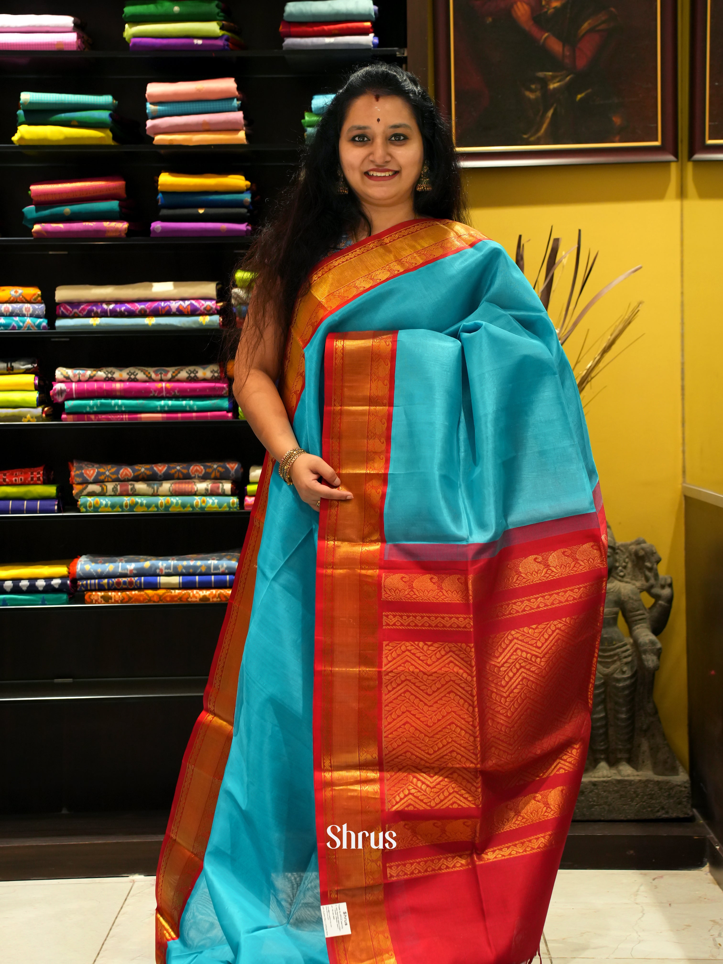 Blue And Red- Silk Cotton Saree - Shop on ShrusEternity.com