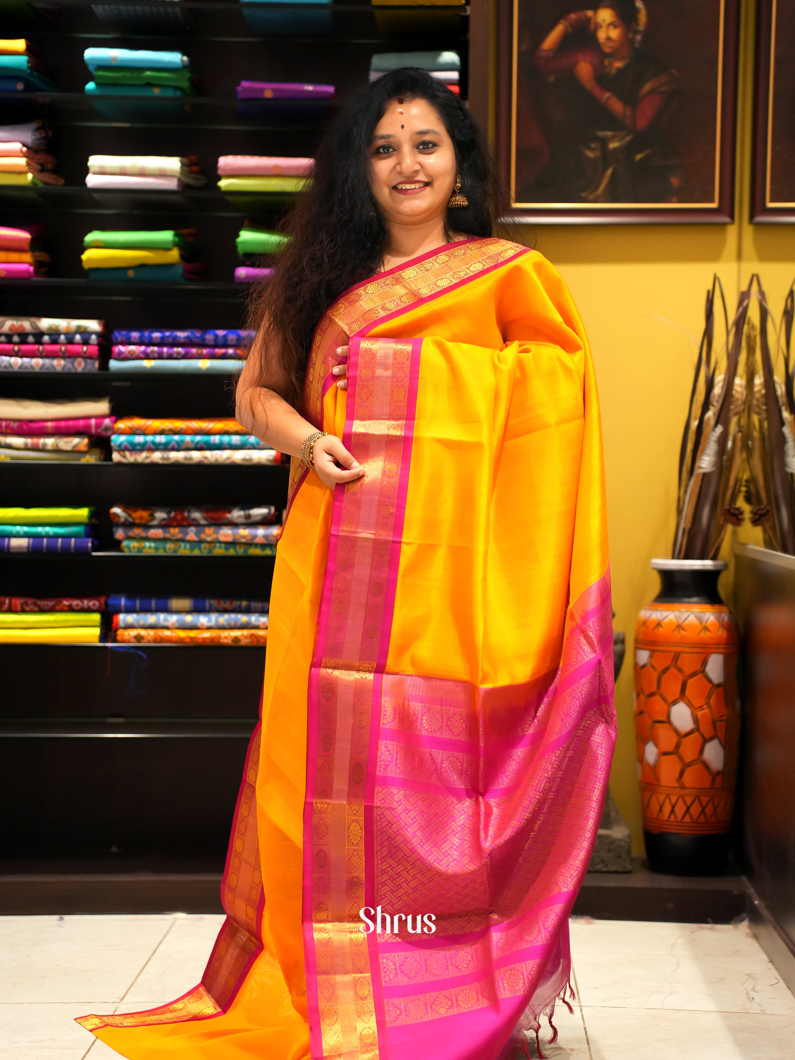 Yellow And Pink-Silk Cotton Saree - Shop on ShrusEternity.com