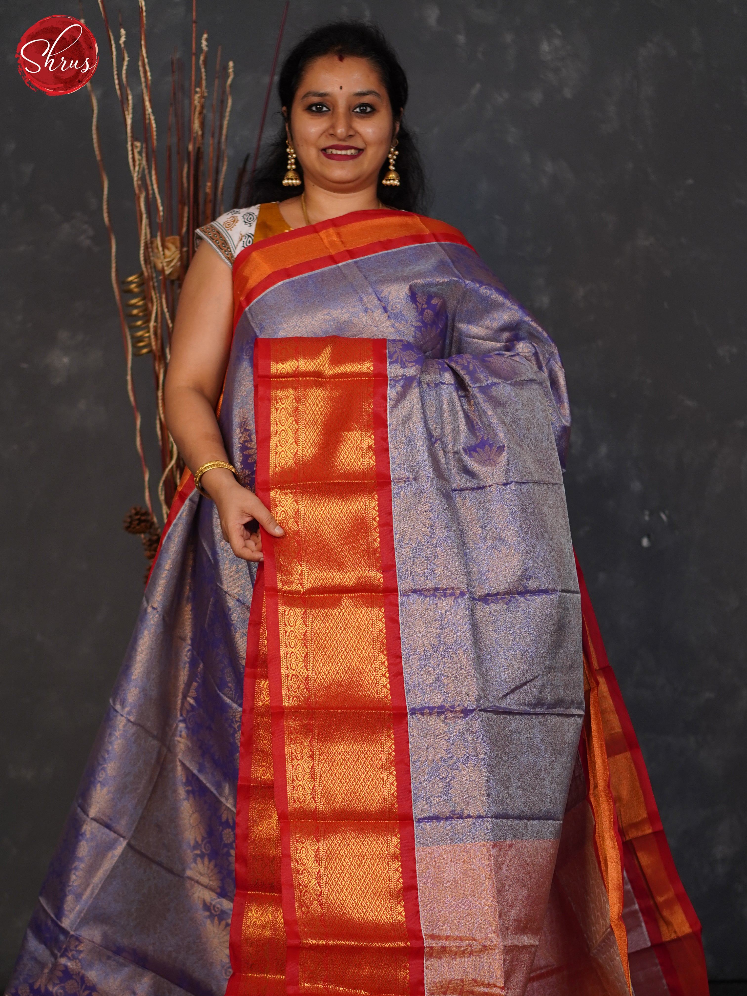 Blue & Red- Semi Tissue Saree - Shop on ShrusEternity.com