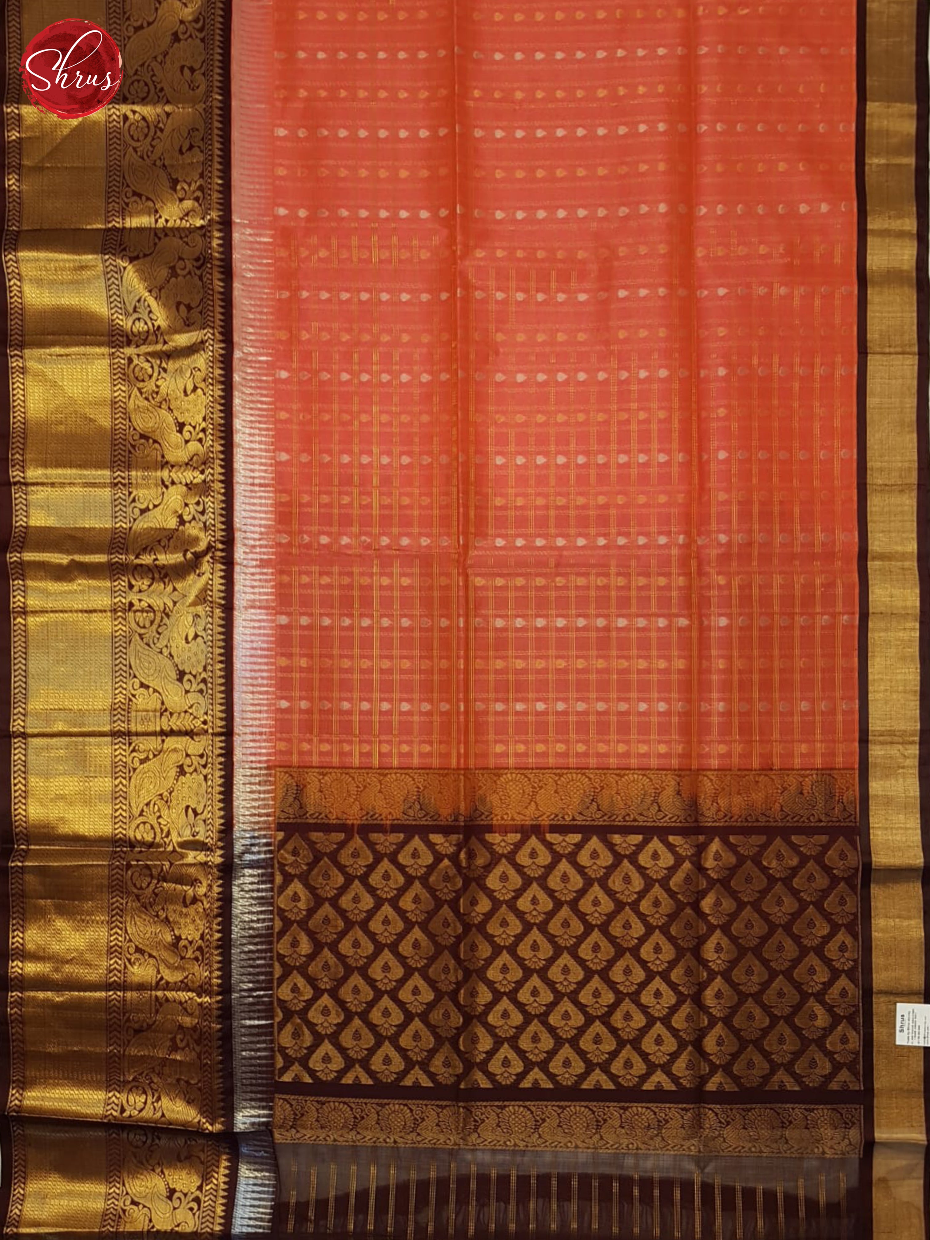 Orangish PInk & Brown- Silk Cotton Saree - Shop on ShrusEternity.com