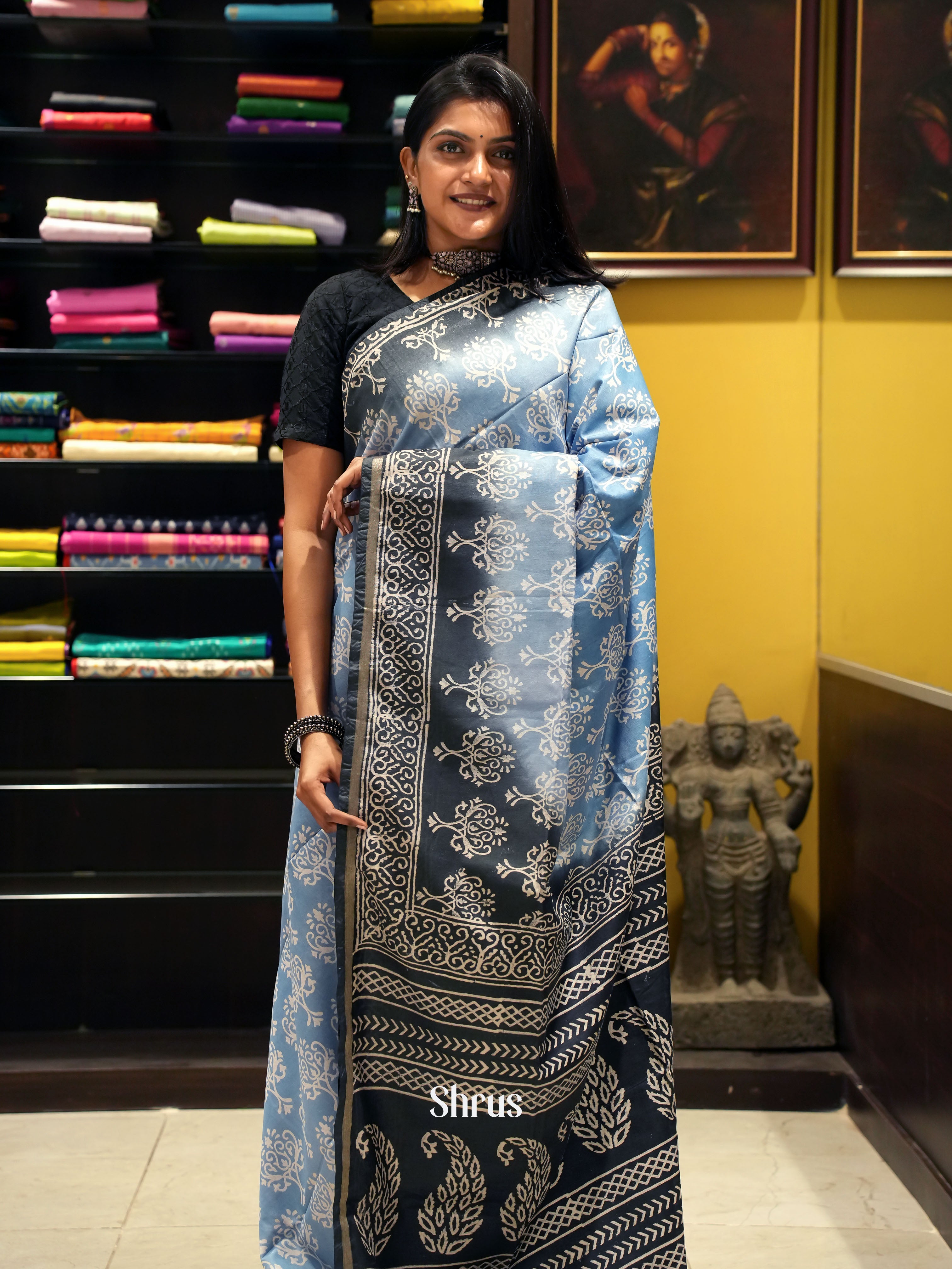 Blue & Black - Semi Chanderi Saree - Shop on ShrusEternity.com