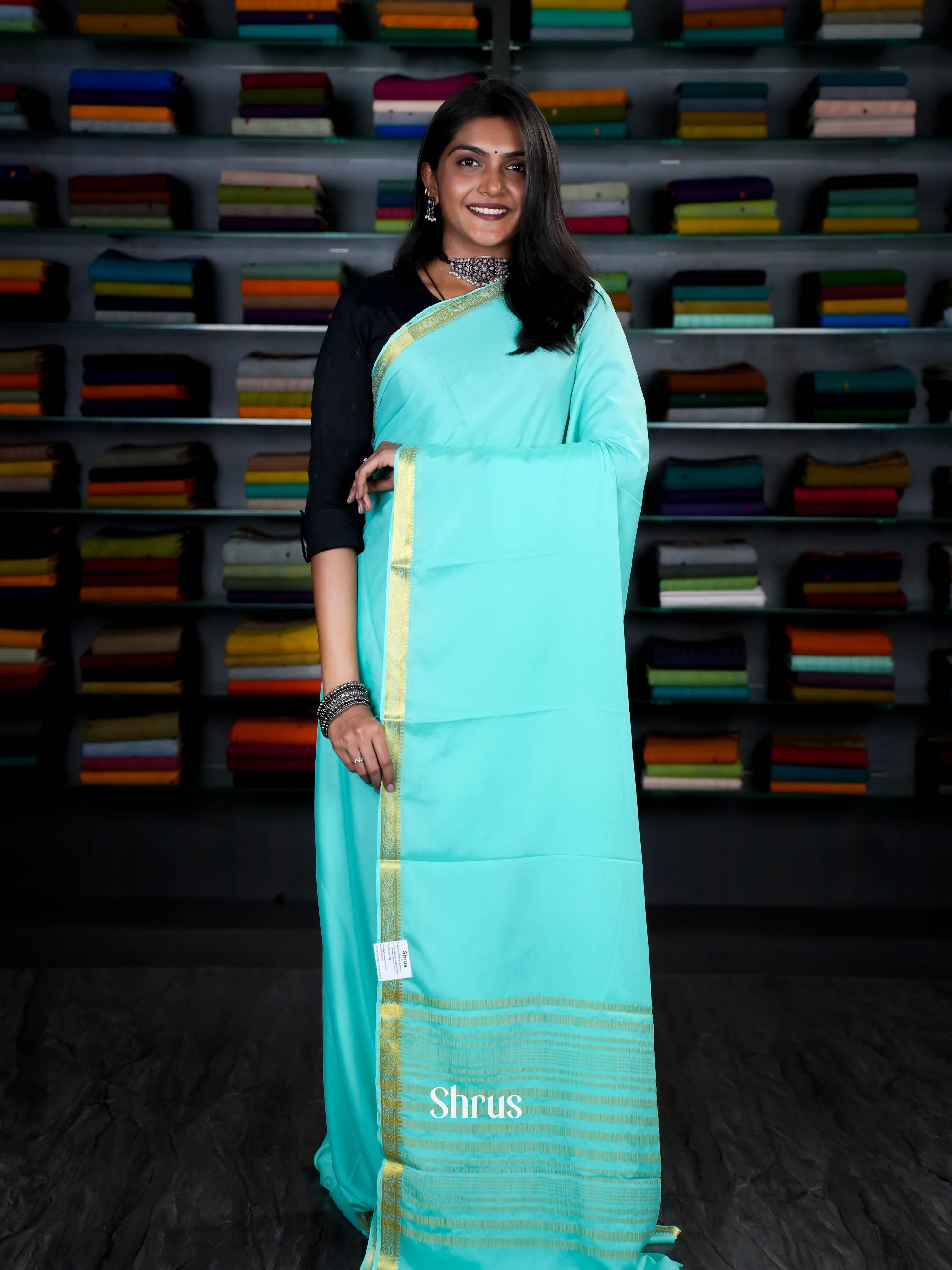 Teal Green(Single Tone) - Semi Mysoresilk Saree - Shop on ShrusEternity.com