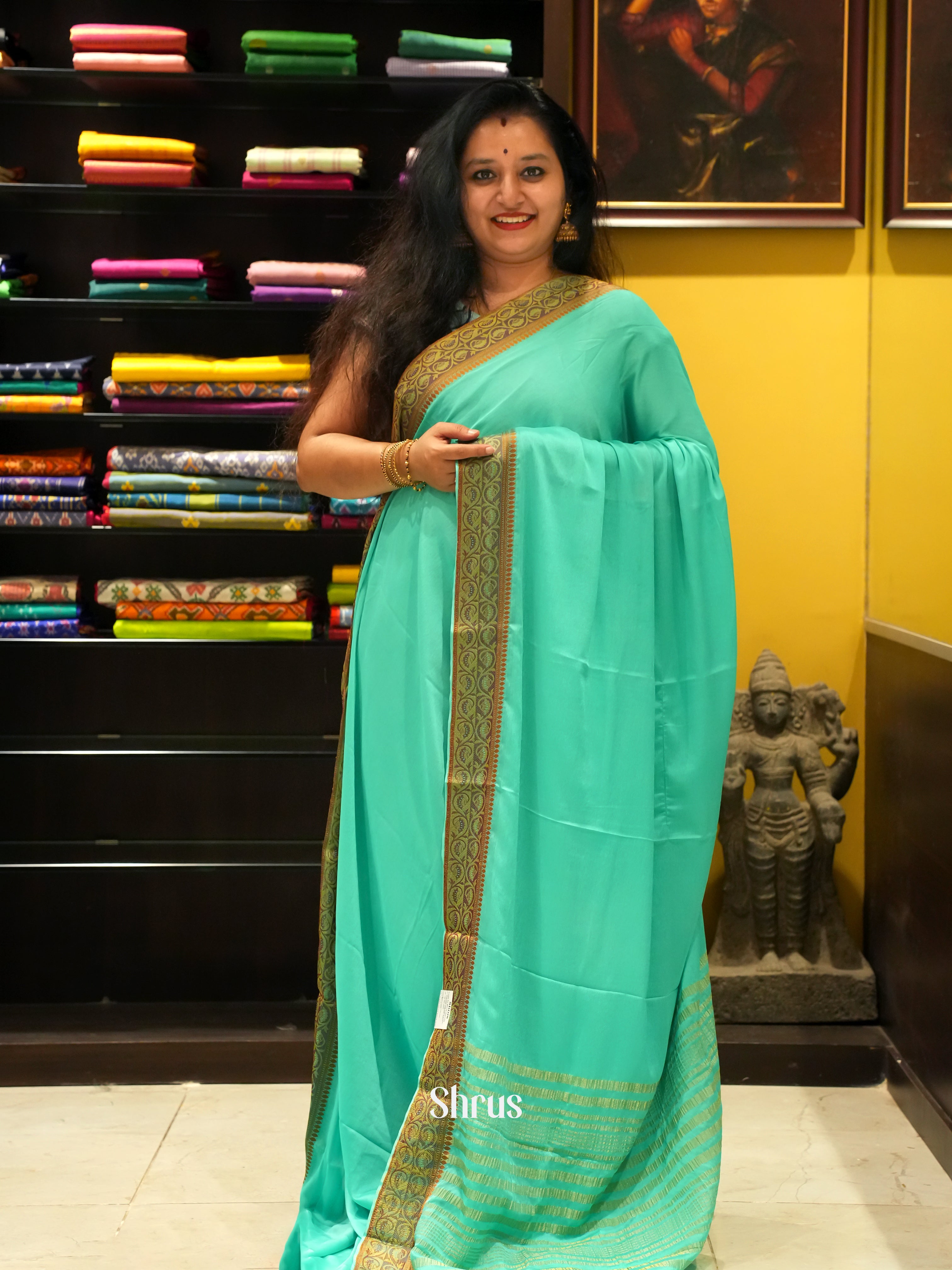 Teal Green(Single Tone) - Semi Mysoresilk Saree - Shop on ShrusEternity.com