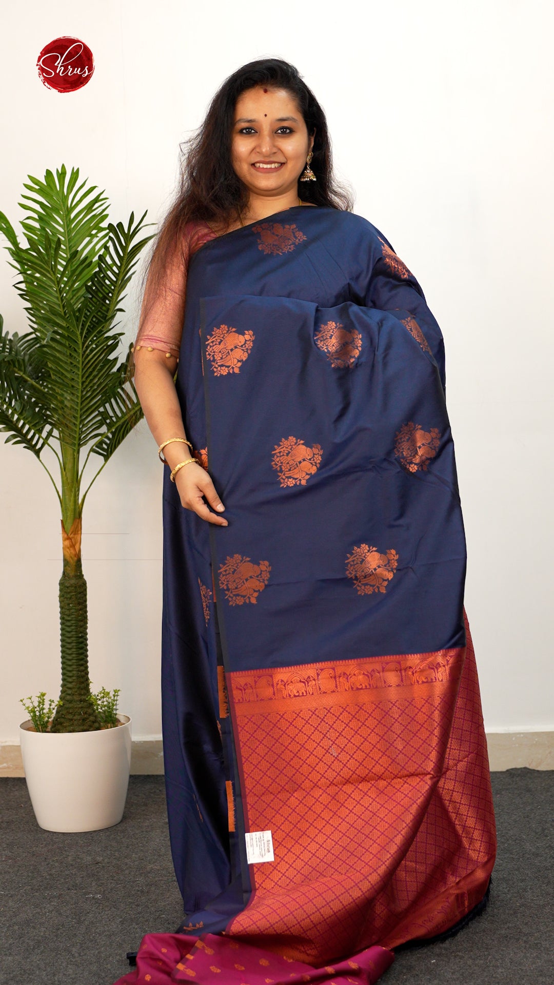Navy Blue & Maroon - Semi Softsilk Saree - Shop on ShrusEternity.com