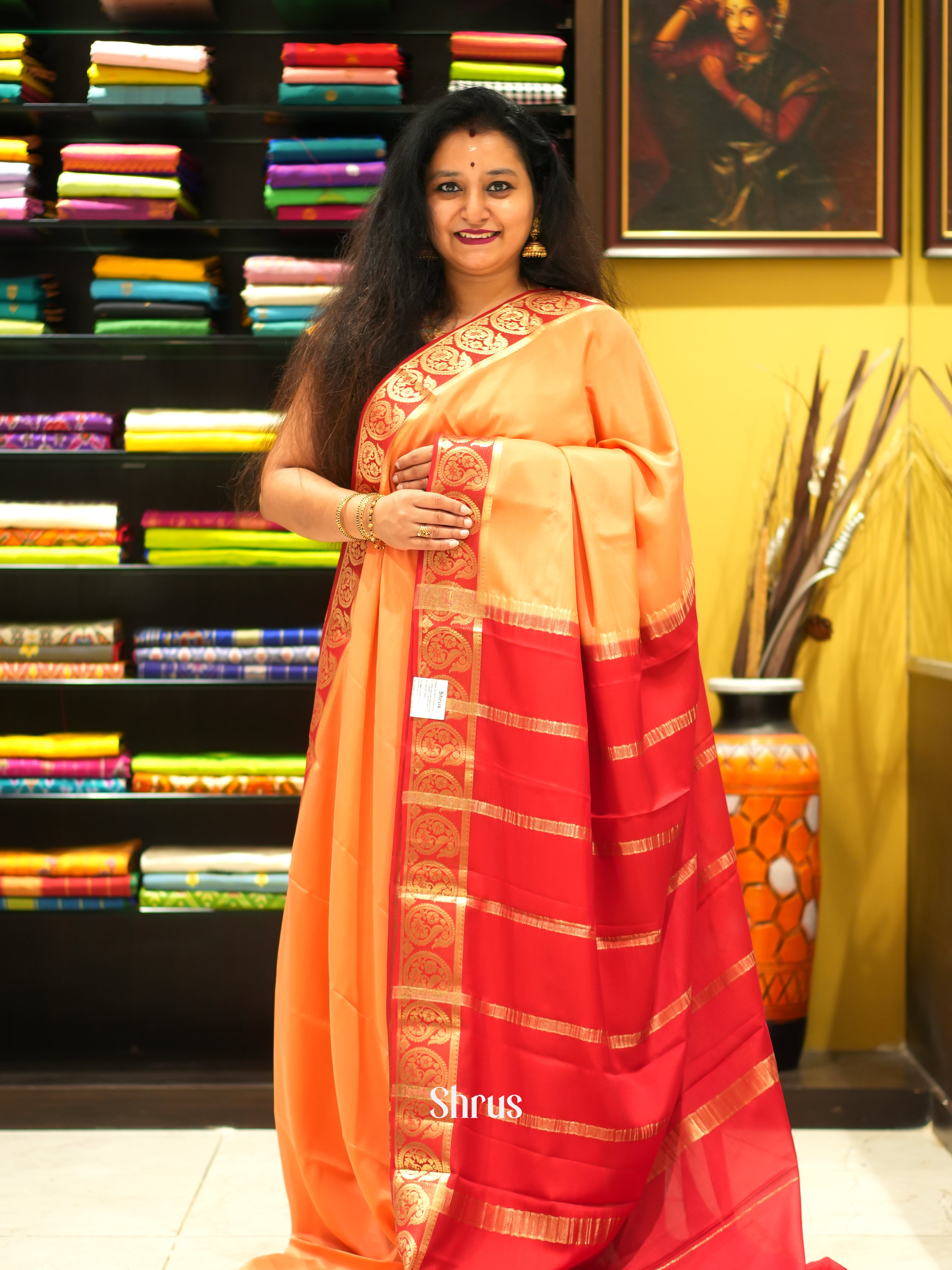 Peach & Red- Mysore Silk Saree - Shop on ShrusEternity.com