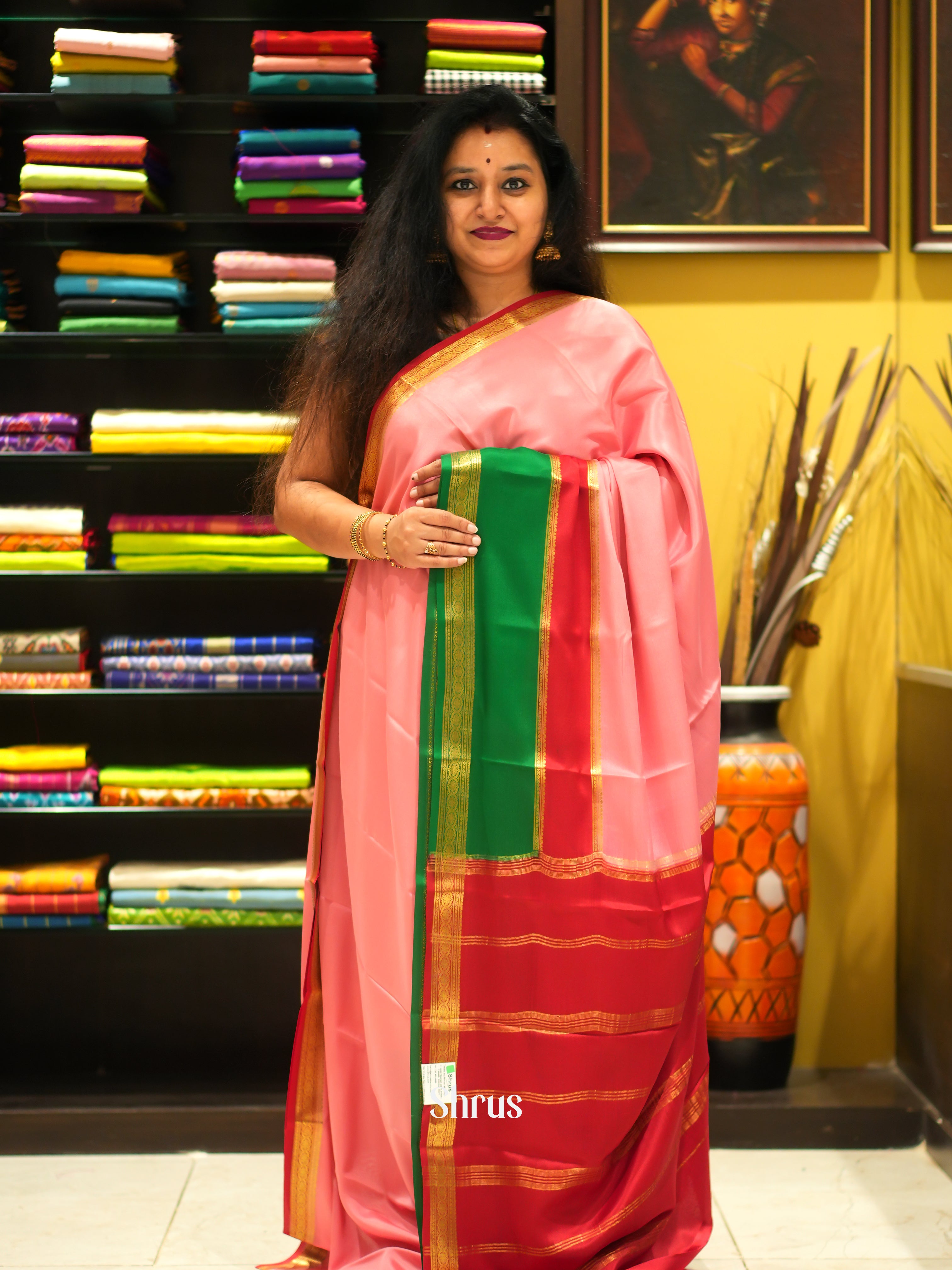 Peachish pink and Red - Mysore Silk Saree - Shop on ShrusEternity.com