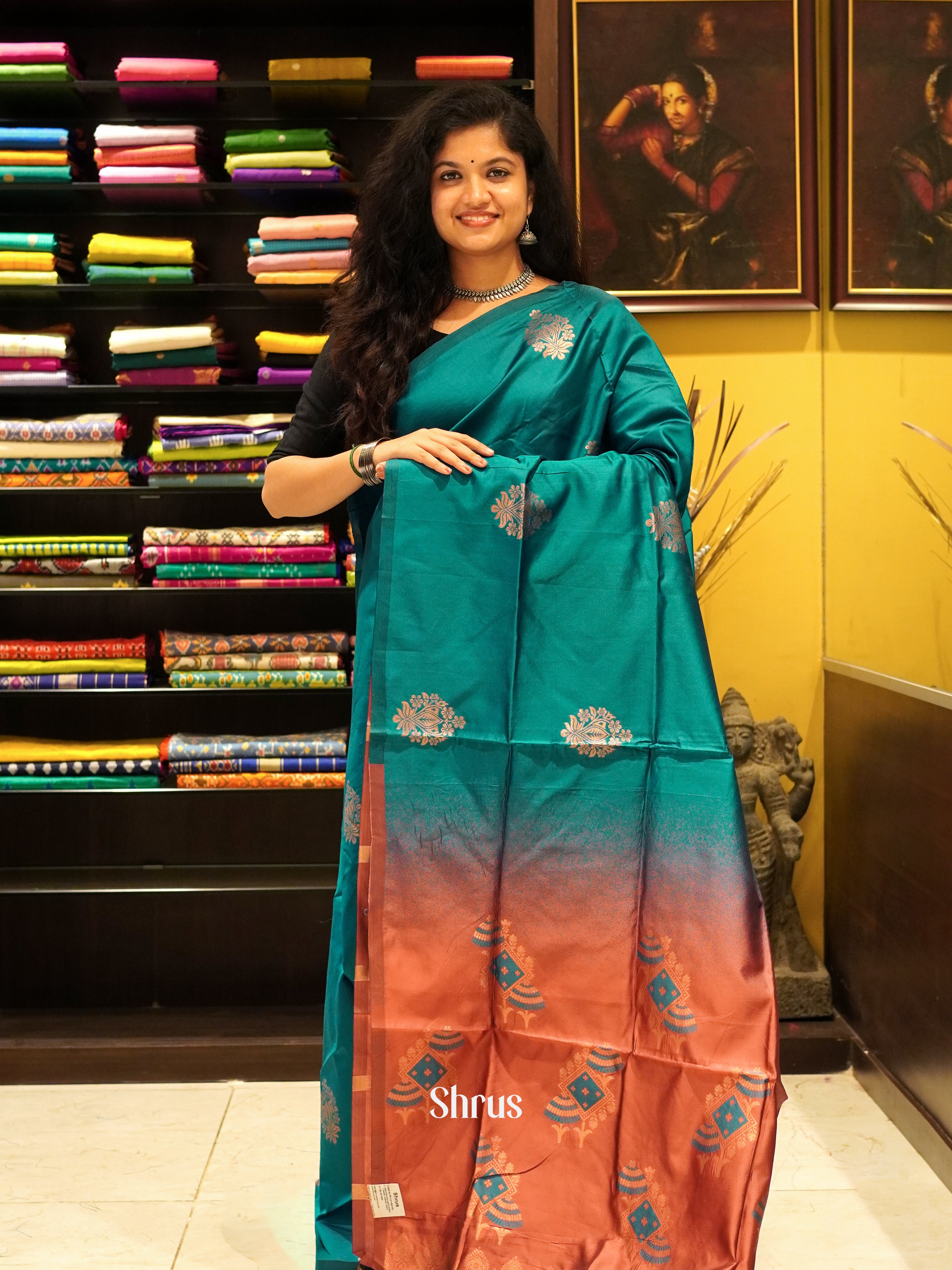 Green & Brick- Semi Softsilk Saree - Shop on ShrusEternity.com