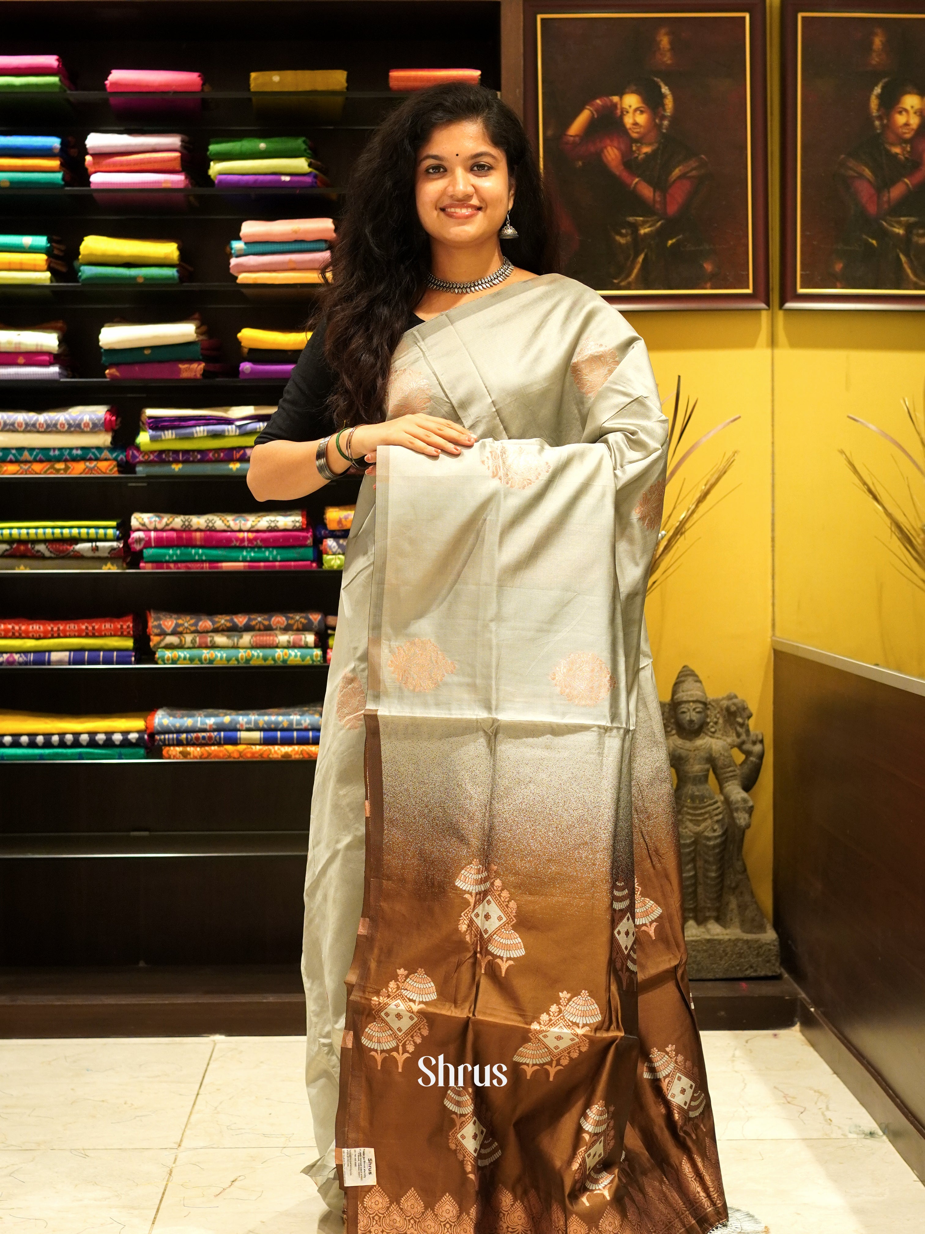 Grey & Brown- Semi Softsilk Saree - Shop on ShrusEternity.com