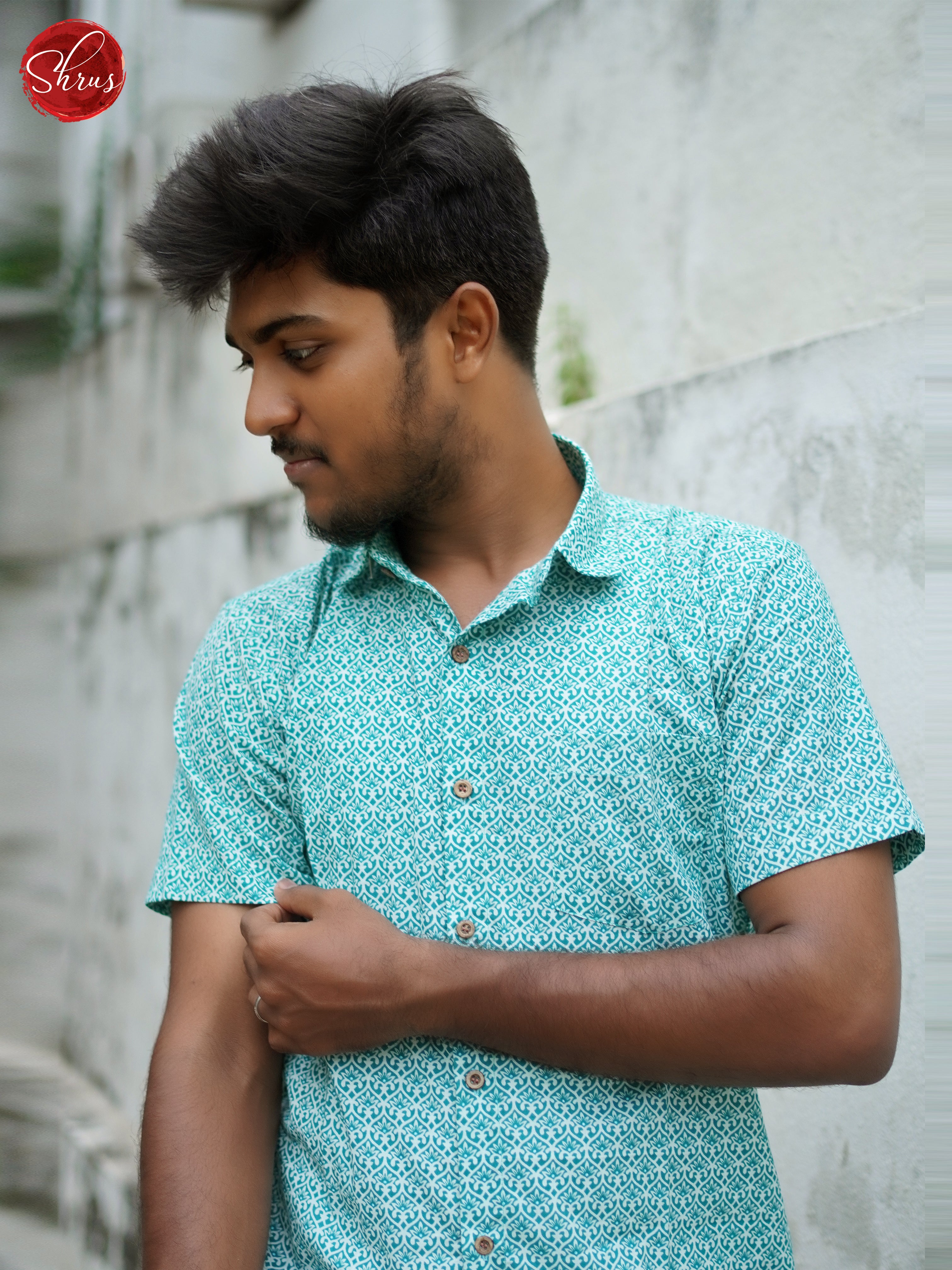 BIS02029-Block print shirt - Sky Blue - Shop on ShrusEternity.com