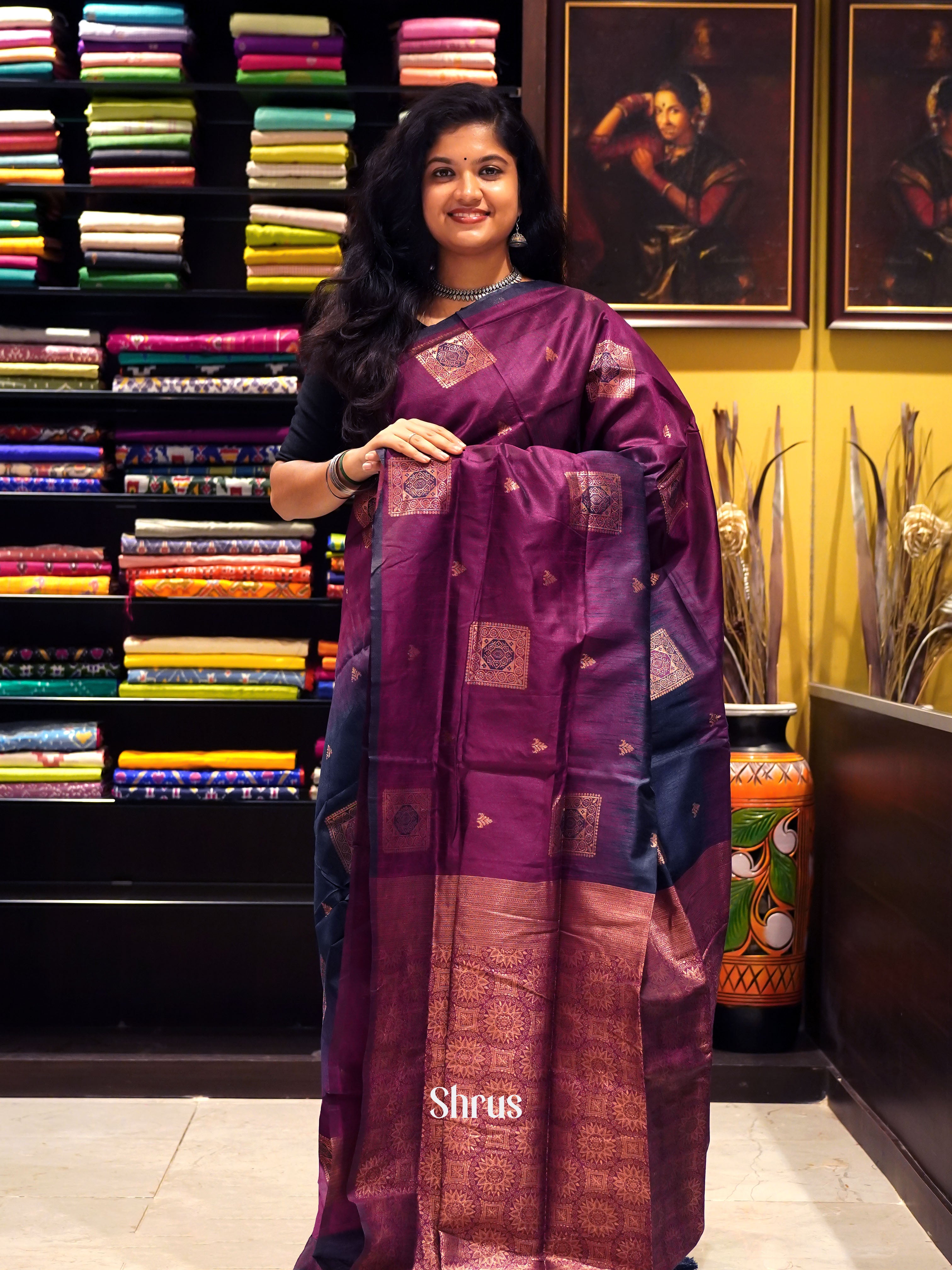 Majenta pink & Blue - Semi Softsilk Saree - Shop on ShrusEternity.com