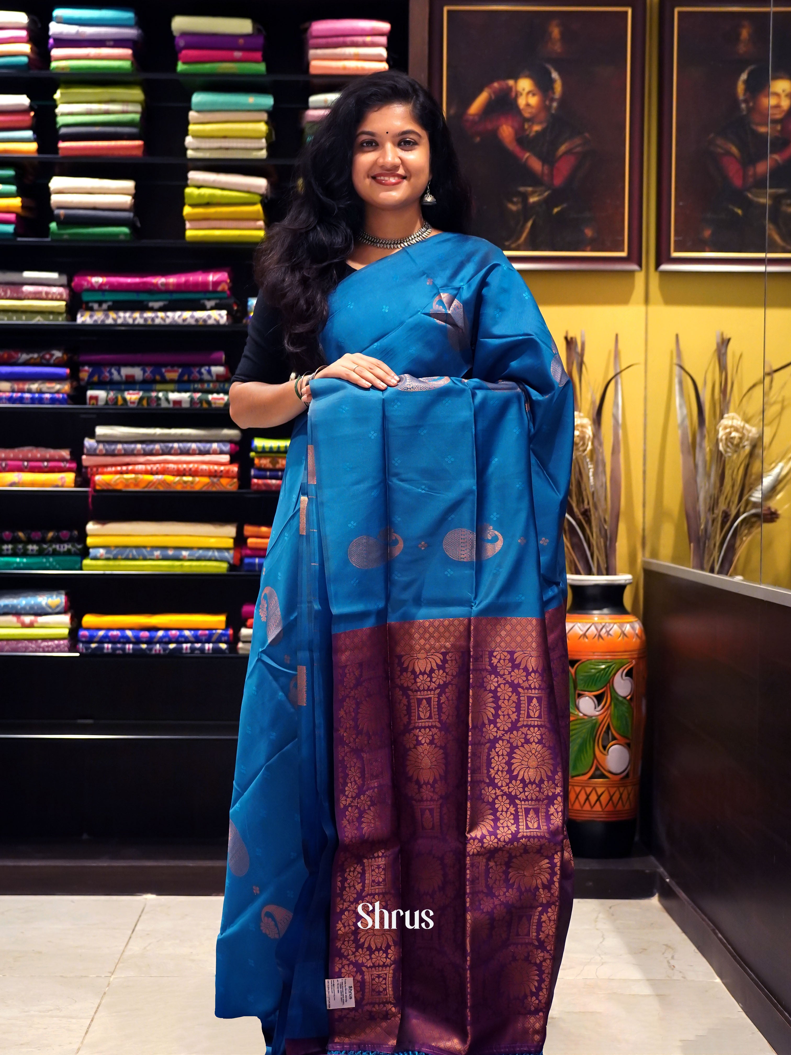 Blue & Purple- Semi Softsilk Saree - Shop on ShrusEternity.com