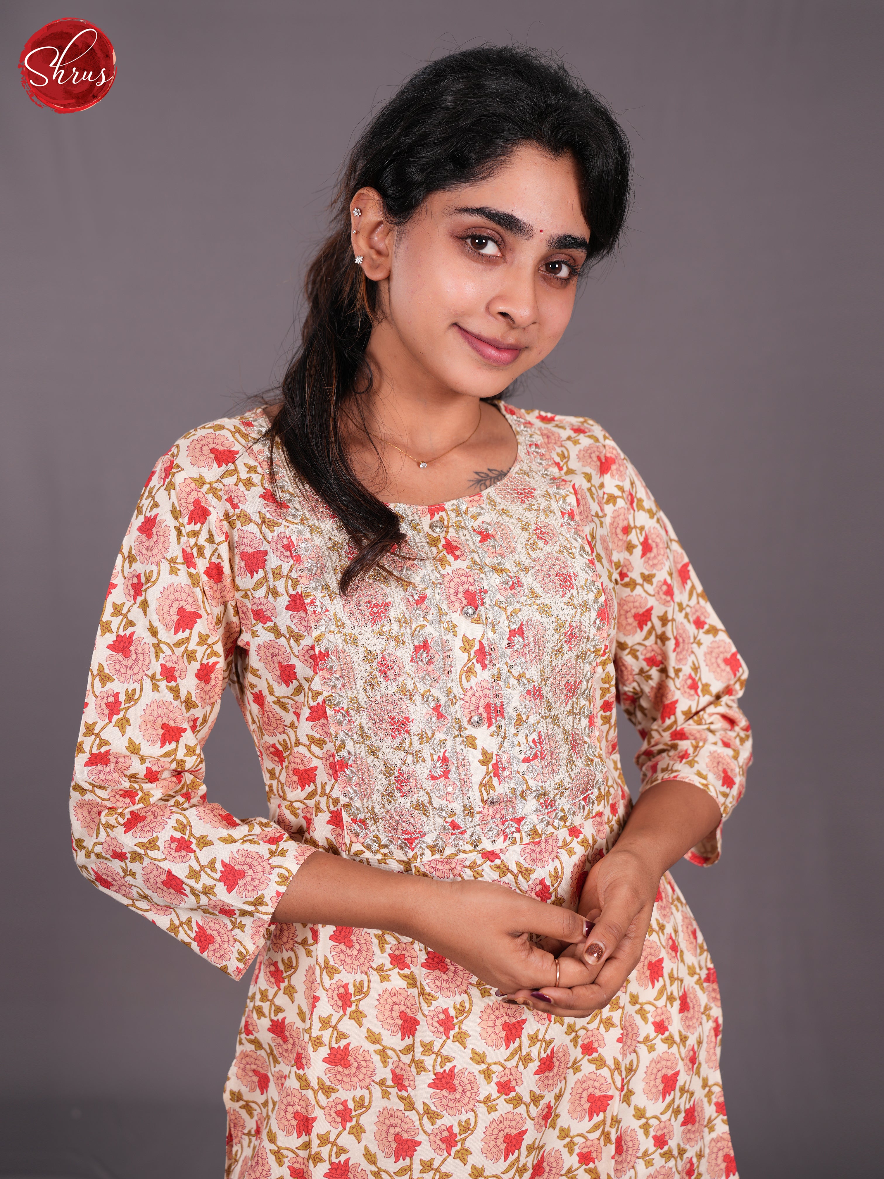 Cream & Pink -Floral printed Readymade Kurti with neck yoke thread work - Shop on ShrusEternity.com