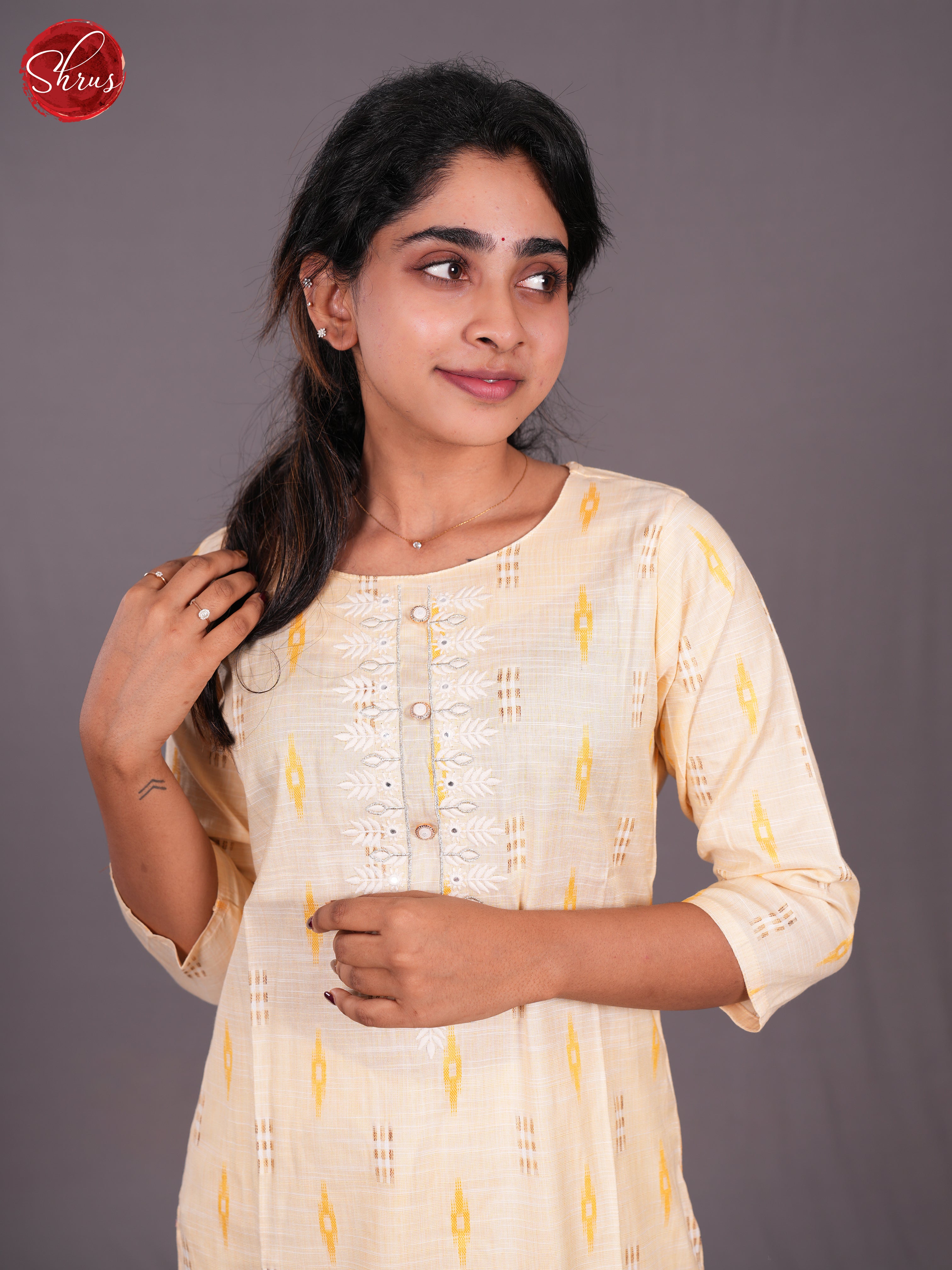 Cream -Ikkat Printed Readymade Kurti with neck embroidery - Shop on ShrusEternity.com