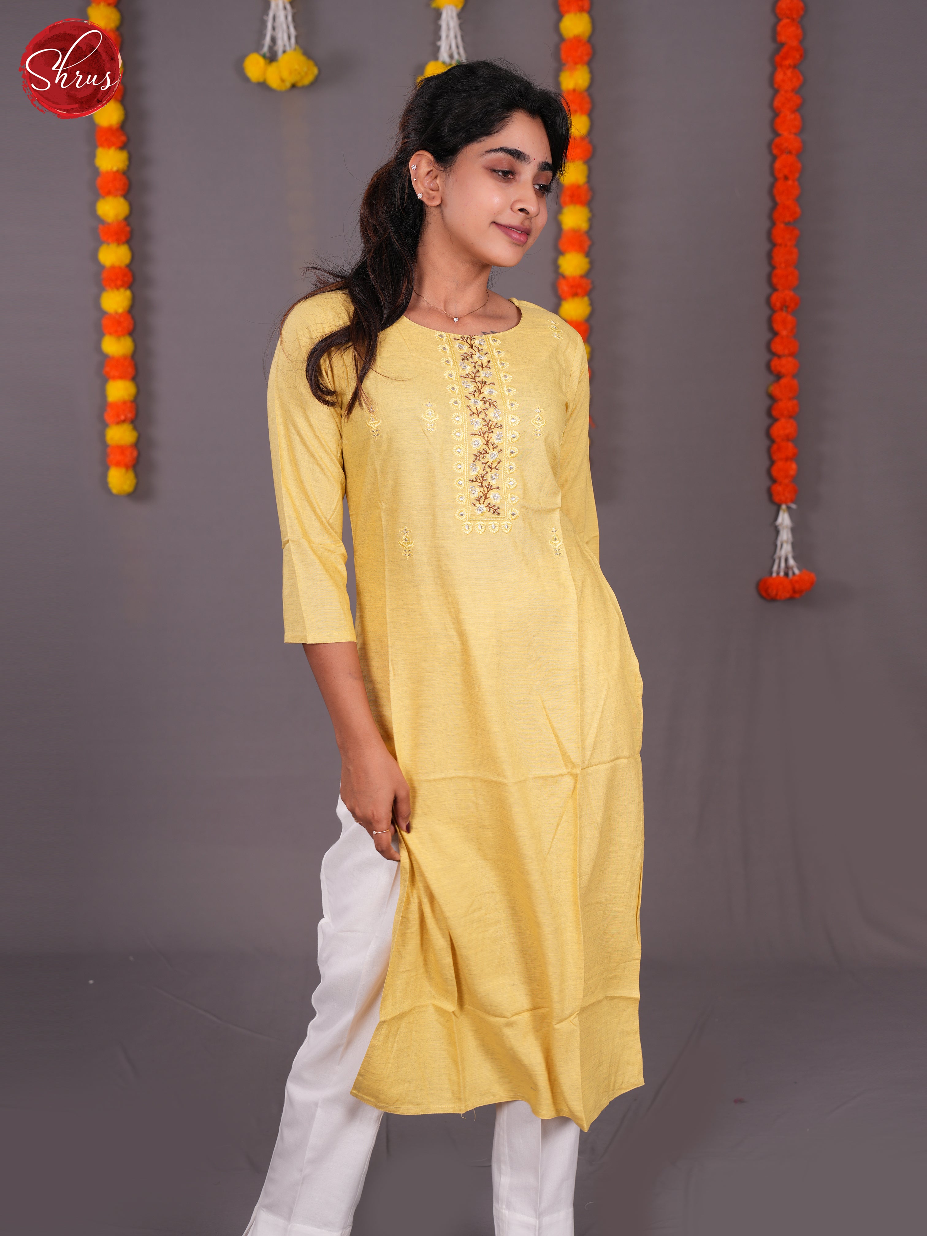 Yellow -Embroidered Readymade cotton stright Kurti - Shop on ShrusEternity.com