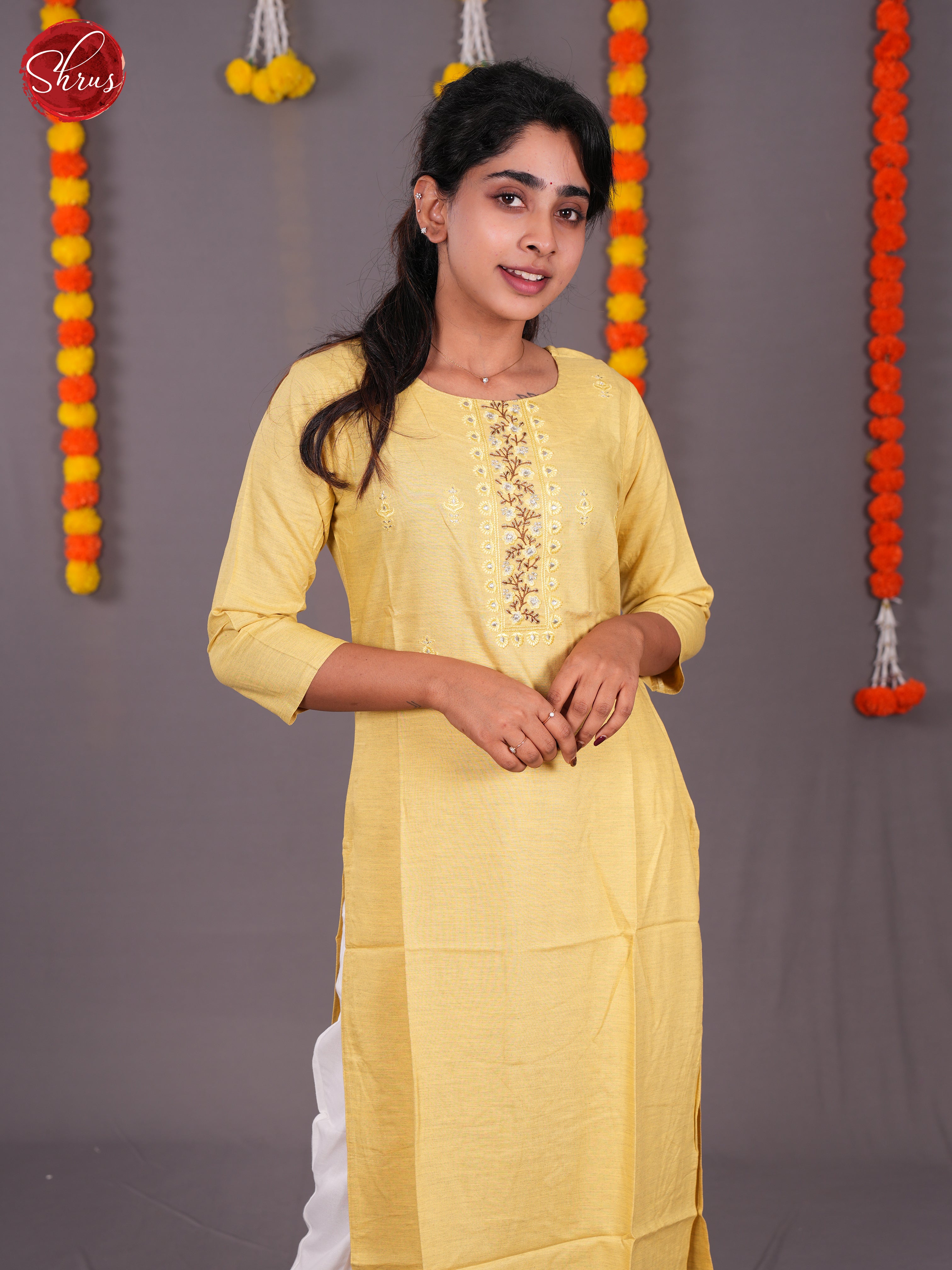 Yellow -Embroidered Readymade cotton stright Kurti - Shop on ShrusEternity.com