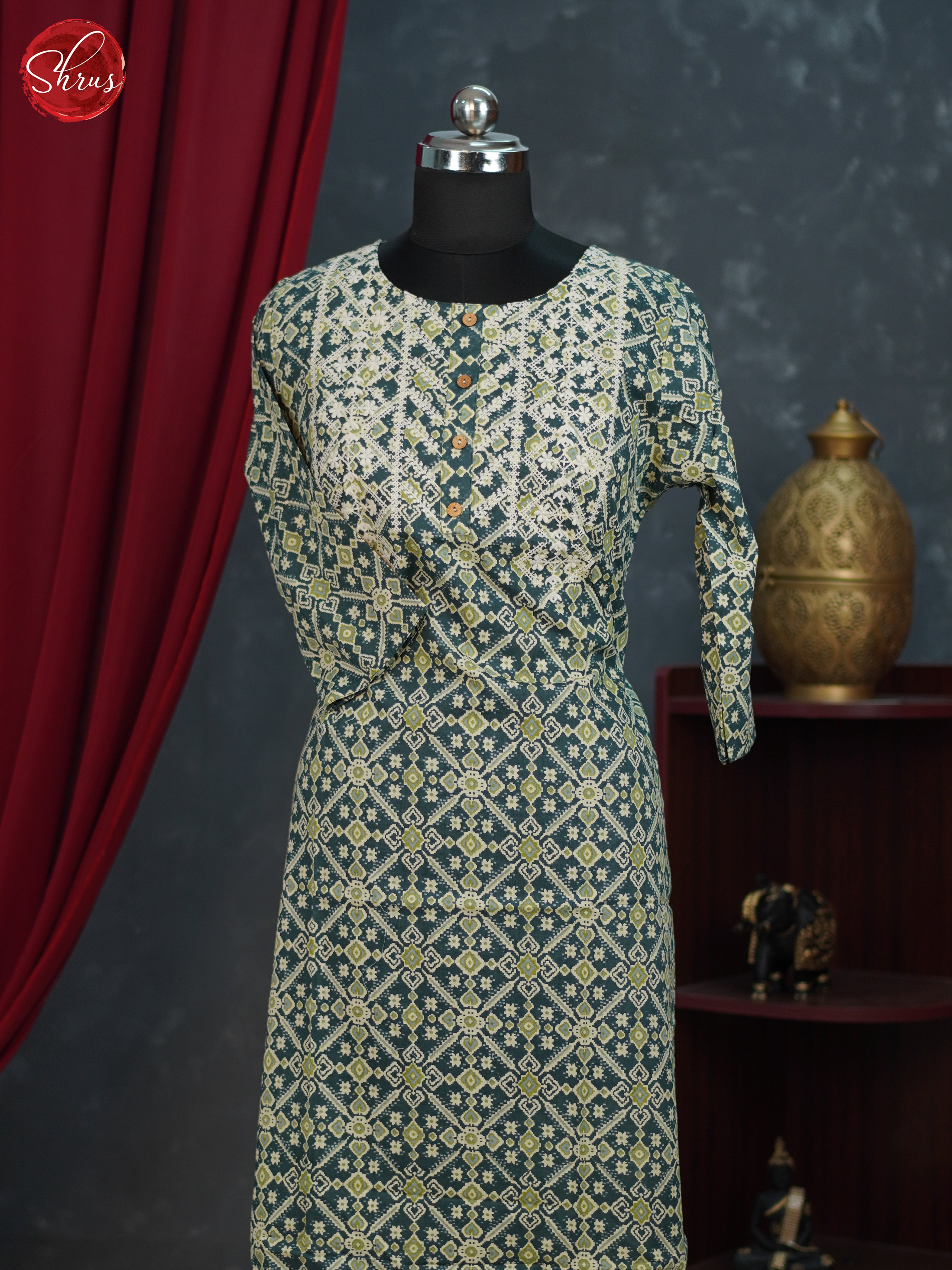 Greyish Green - Printed Readymade Kurti with thread work on the neck Yoke - Shop on ShrusEternity.com