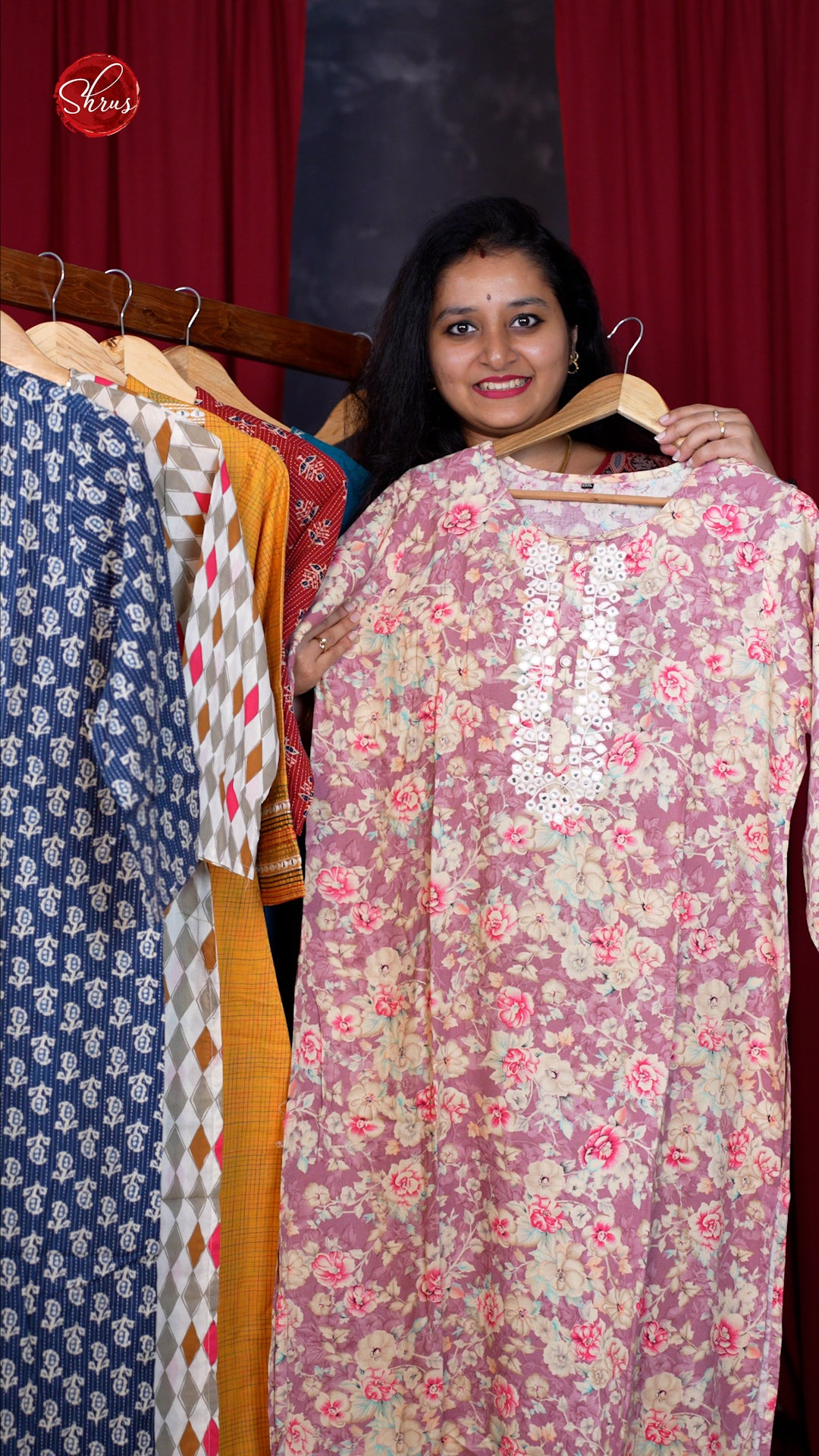 Onion Pink - Floral Printed Straight Fit Readymade kurti with thread work in neck - Shop on ShrusEternity.com